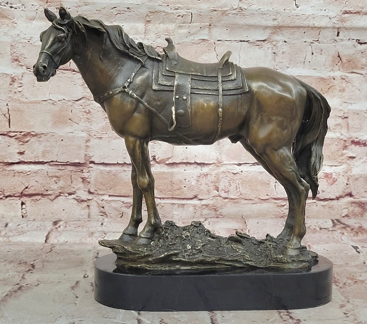 Large Original Loving Horse with his Saddle Western Art Cowboy Bronze Sculpture