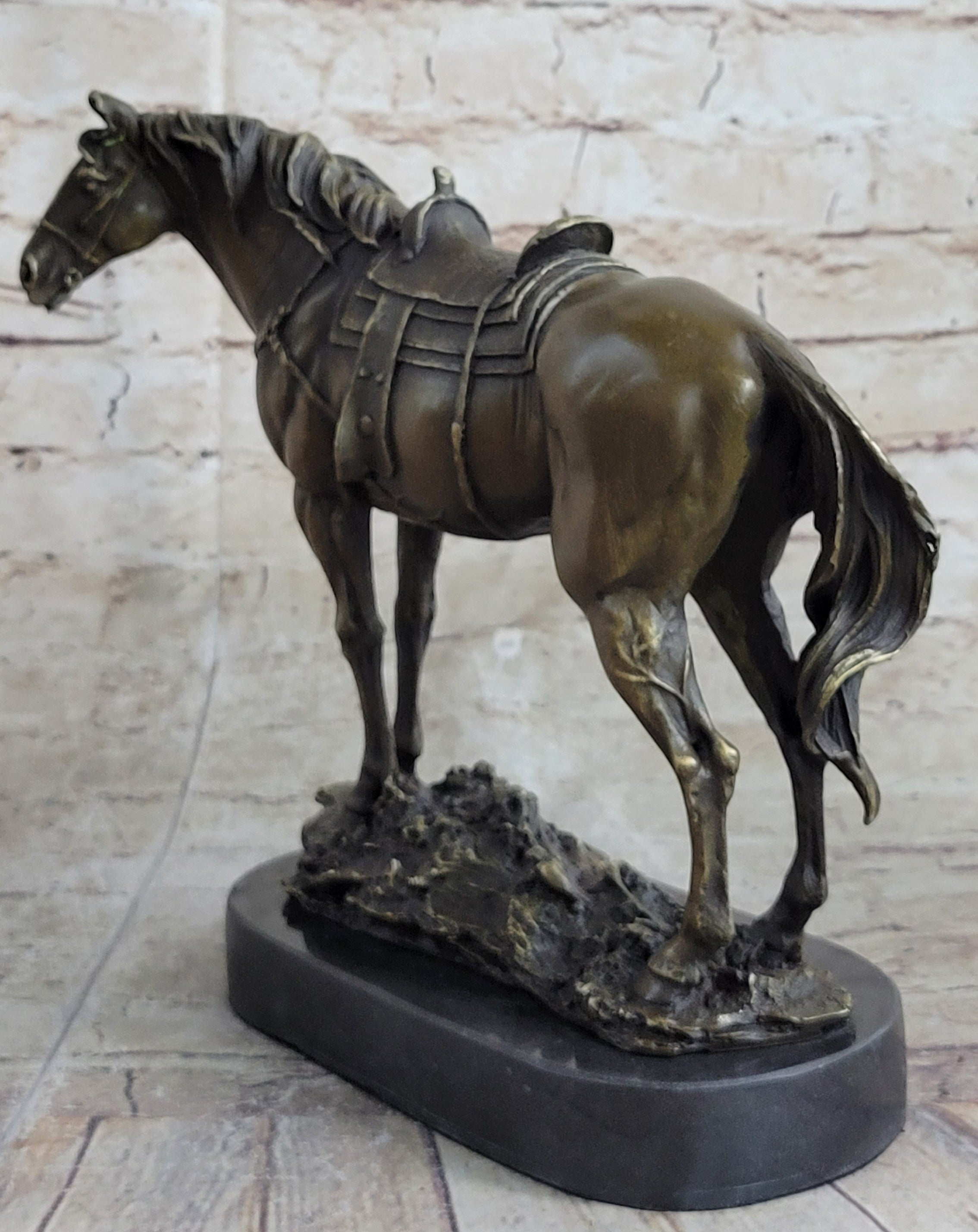 Large Original Loving Horse with his Saddle Western Art Cowboy Bronze Sculpture