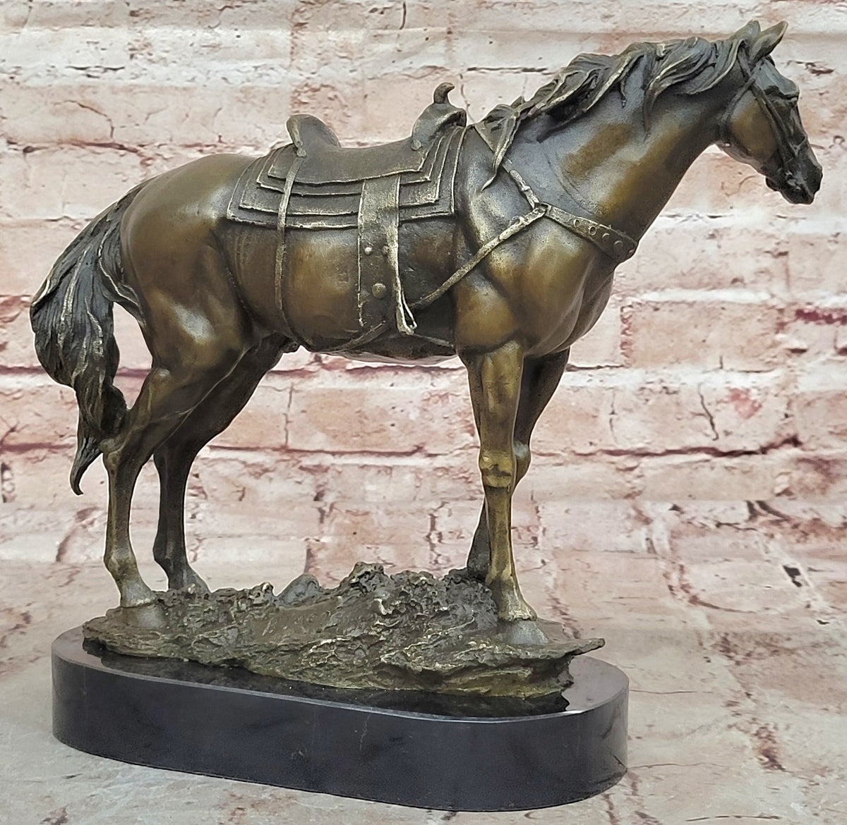 Large Original Loving Horse with his Saddle Western Art Cowboy Bronze Sculpture