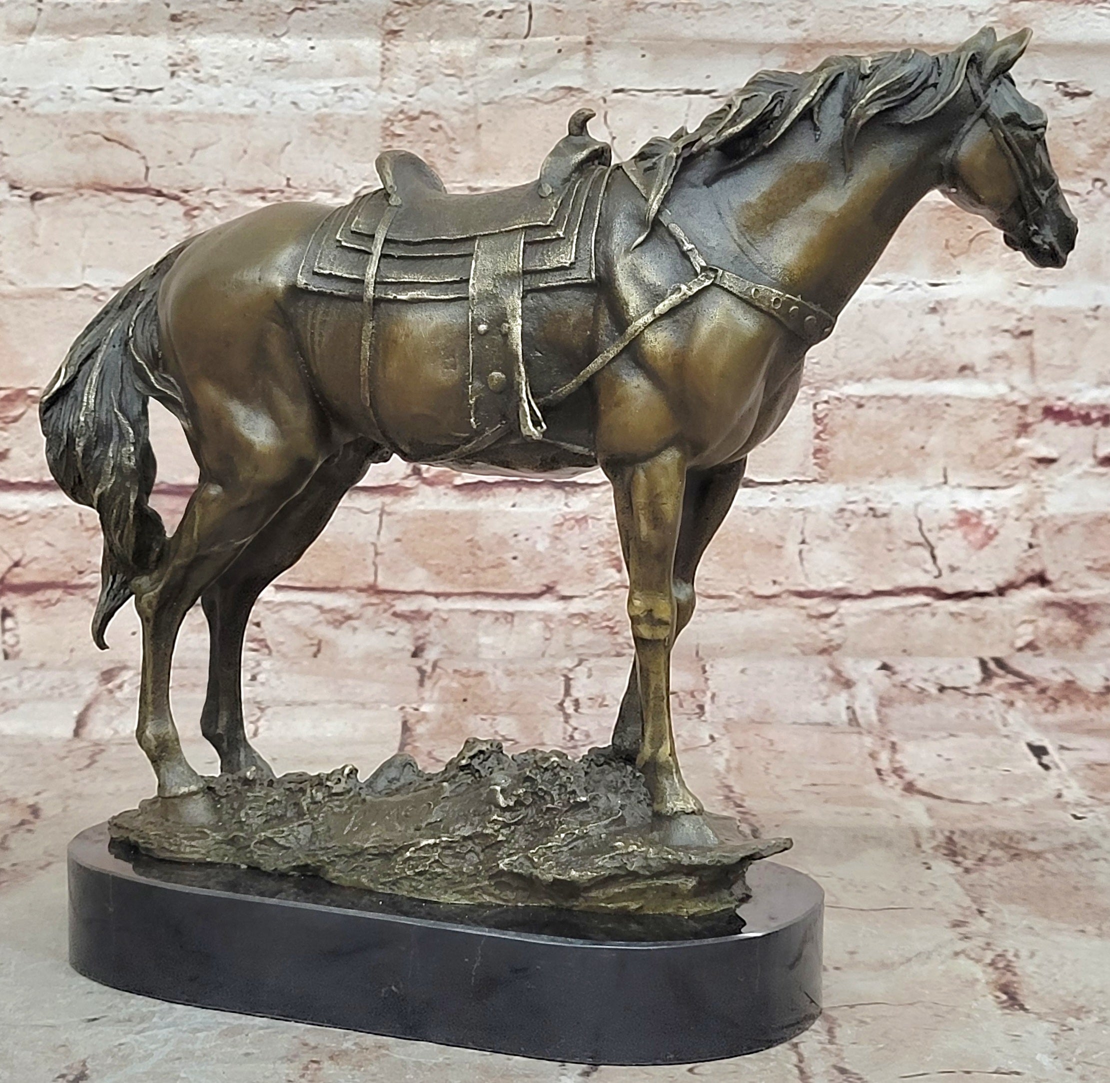 Large Original Loving Horse with his Saddle Western Art Cowboy Bronze Sculpture