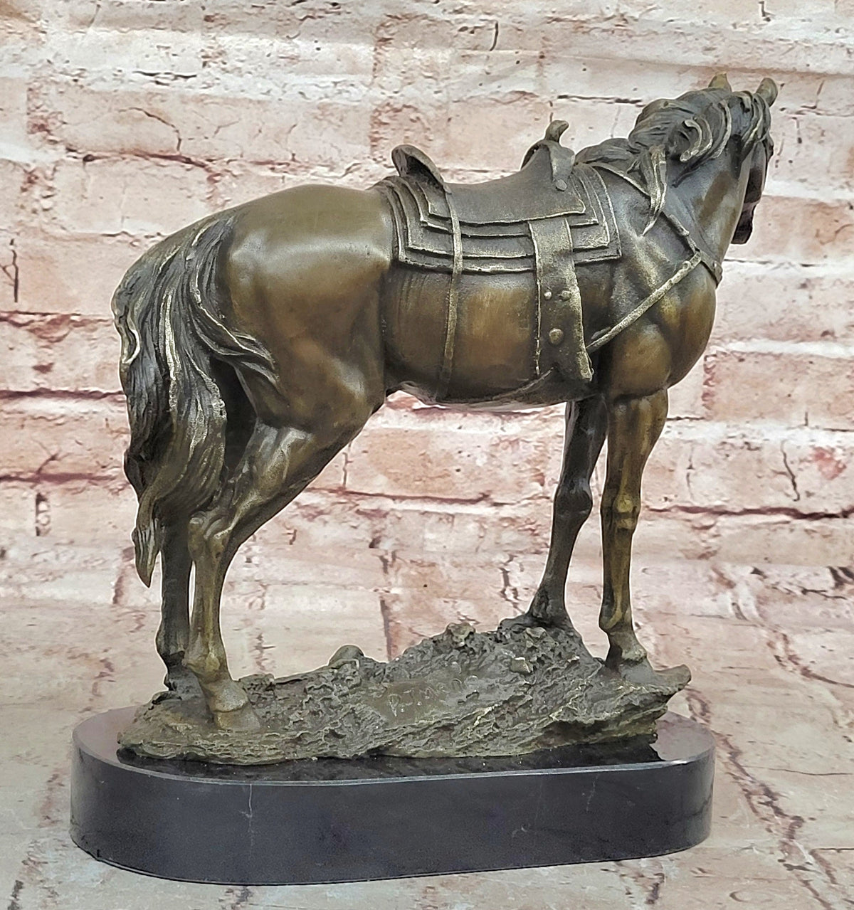 Large Original Loving Horse with his Saddle Western Art Cowboy Bronze Sculpture