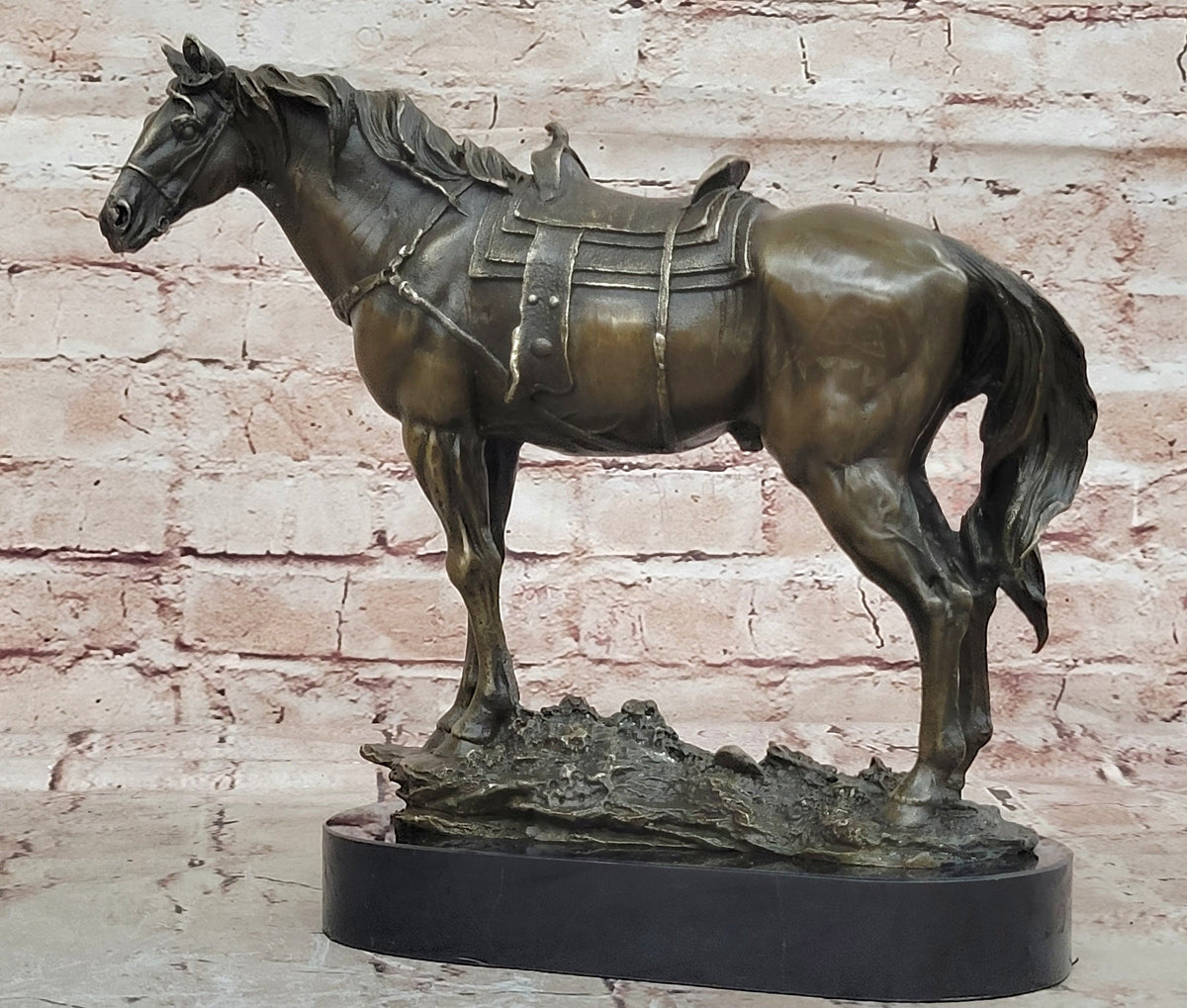 Large Original Loving Horse with his Saddle Western Art Cowboy Bronze Sculpture