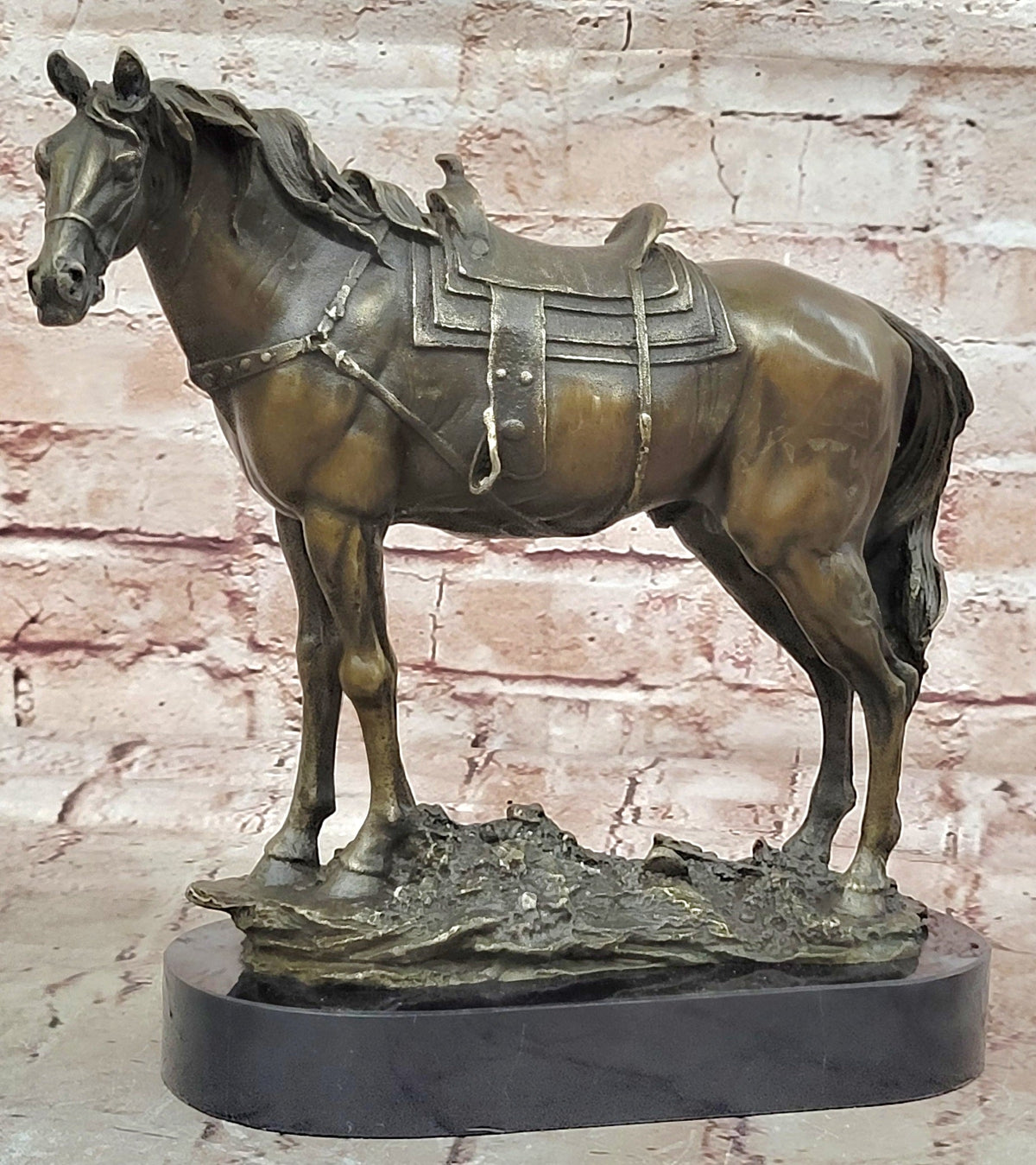 Large Original Loving Horse with his Saddle Western Art Cowboy Bronze Sculpture