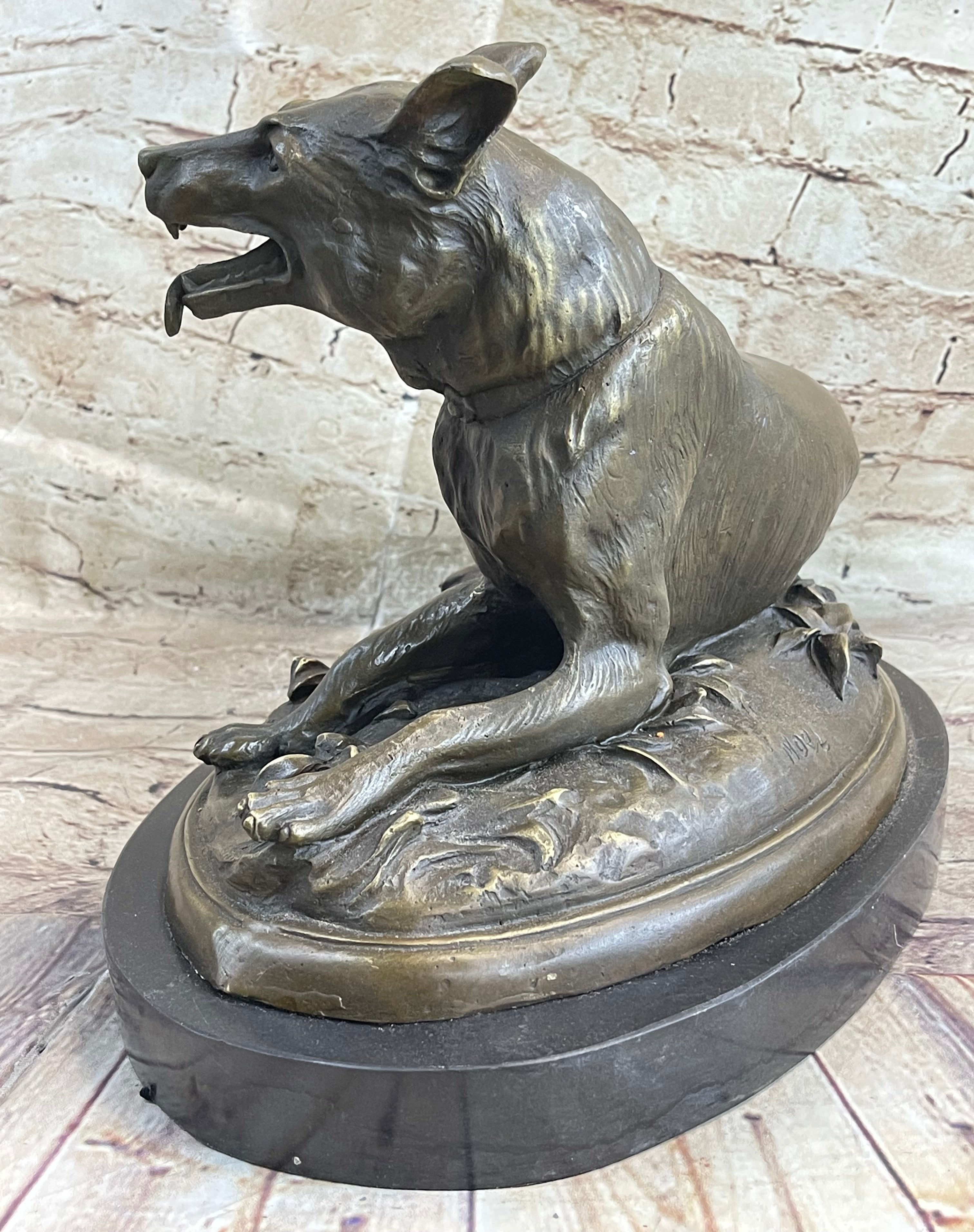 German Shepherd Dog Canine Bronze Art Sculpture Statue on Marble Base