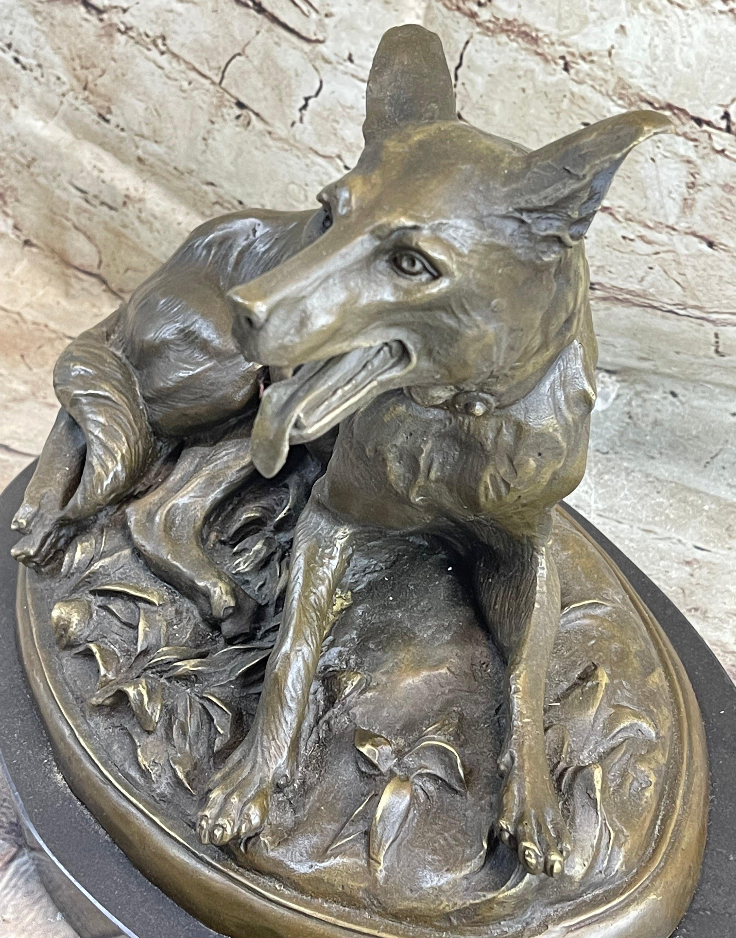 German Shepherd Dog Canine Bronze Art Sculpture Statue on Marble Base