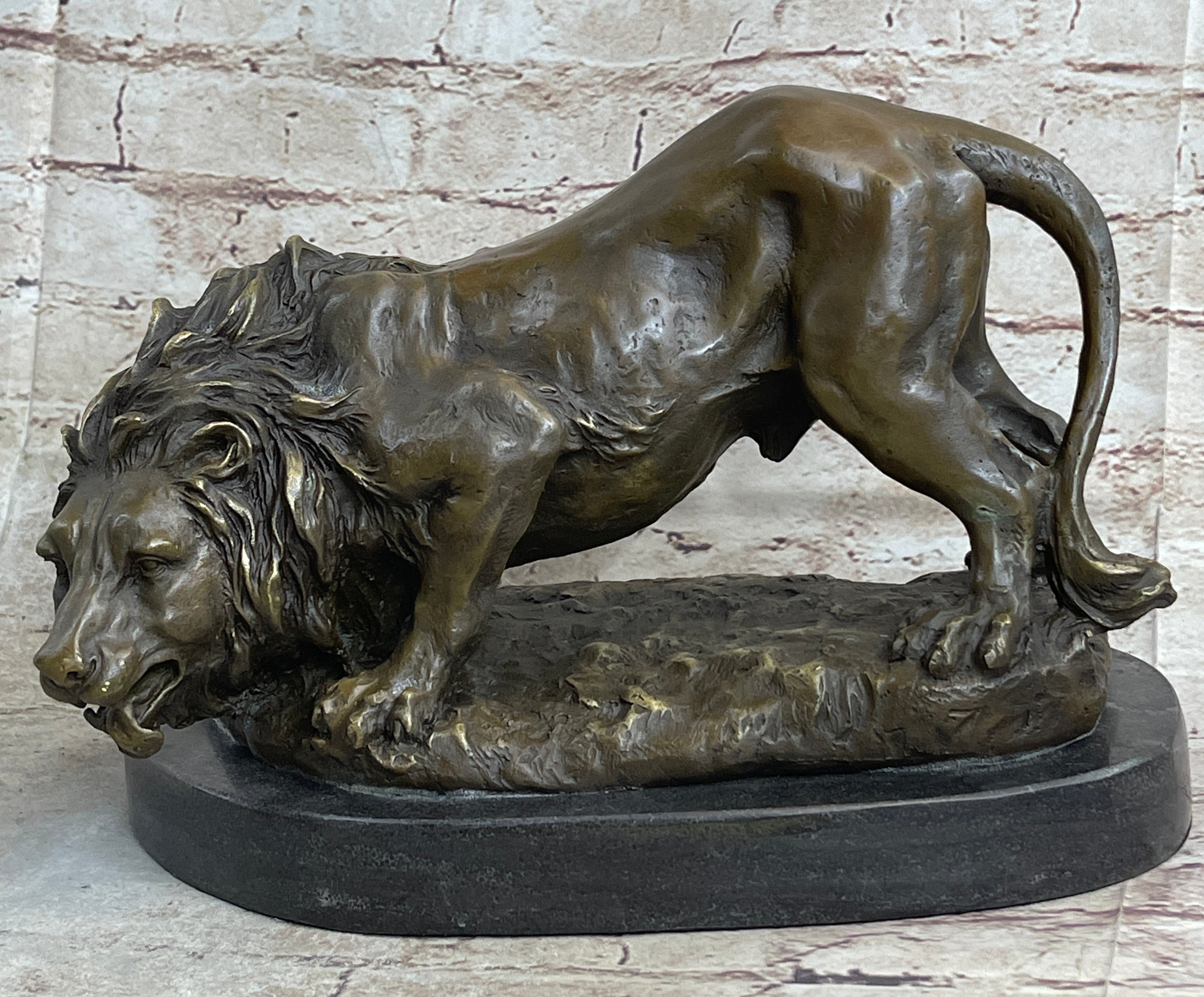 Lion Stalking Prey Hot Cast Bronze Sculpture Statue Art by Antoine Barye on Marble Base