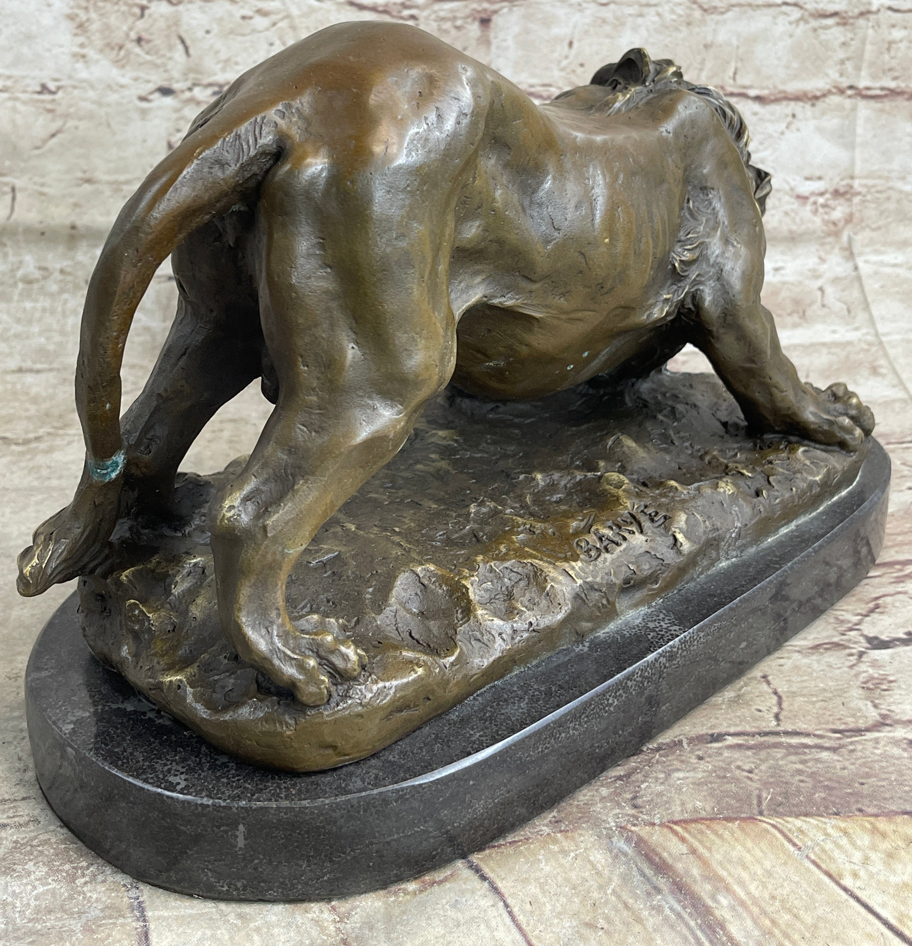 Lion Stalking Prey Hot Cast Bronze Sculpture Statue Art by Antoine Barye on Marble Base
