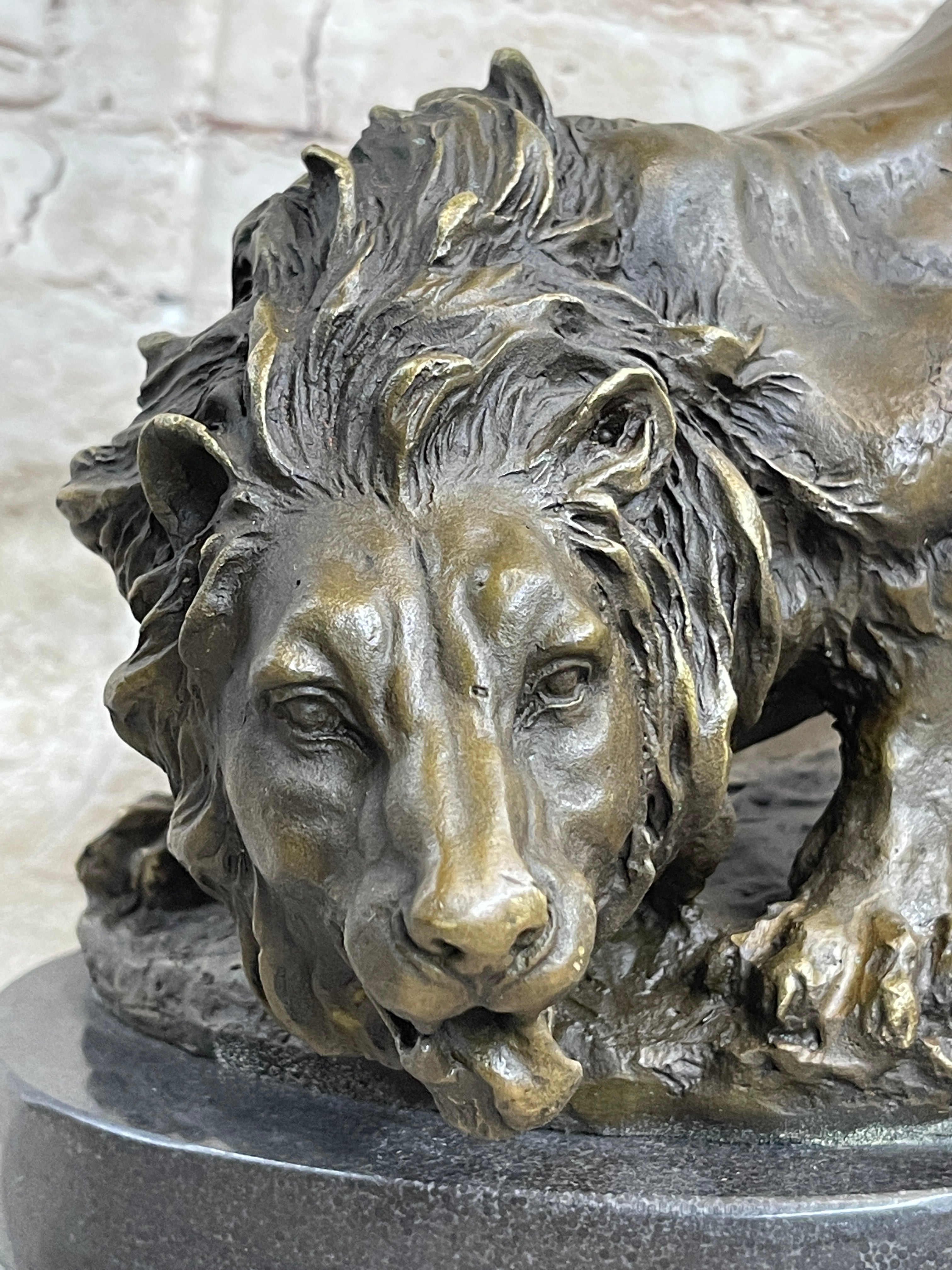 Lion Stalking Prey Hot Cast Bronze Sculpture Statue Art by Antoine Barye on Marble Base