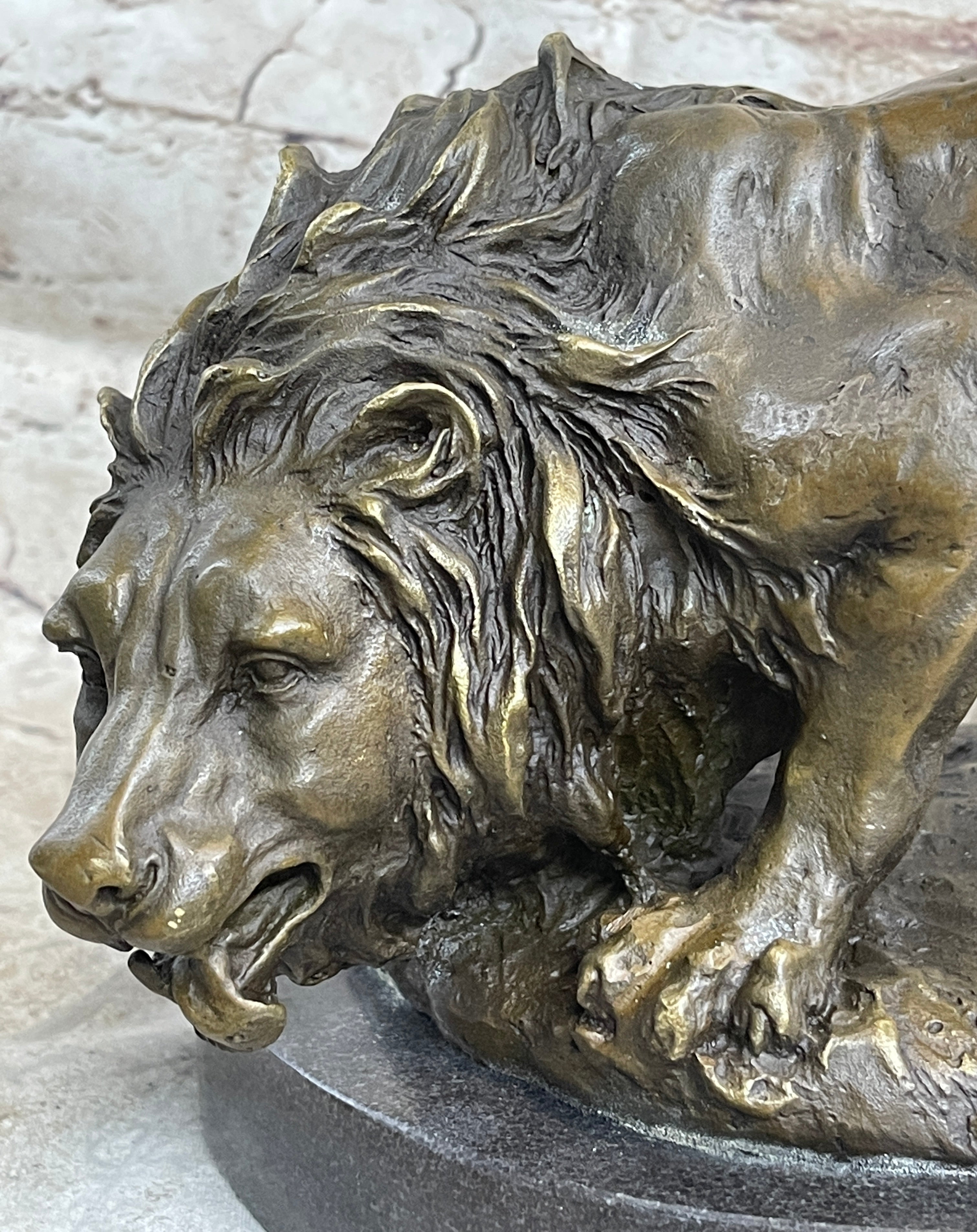 Lion Stalking Prey Hot Cast Bronze Sculpture Statue Art by Antoine Barye on Marble Base