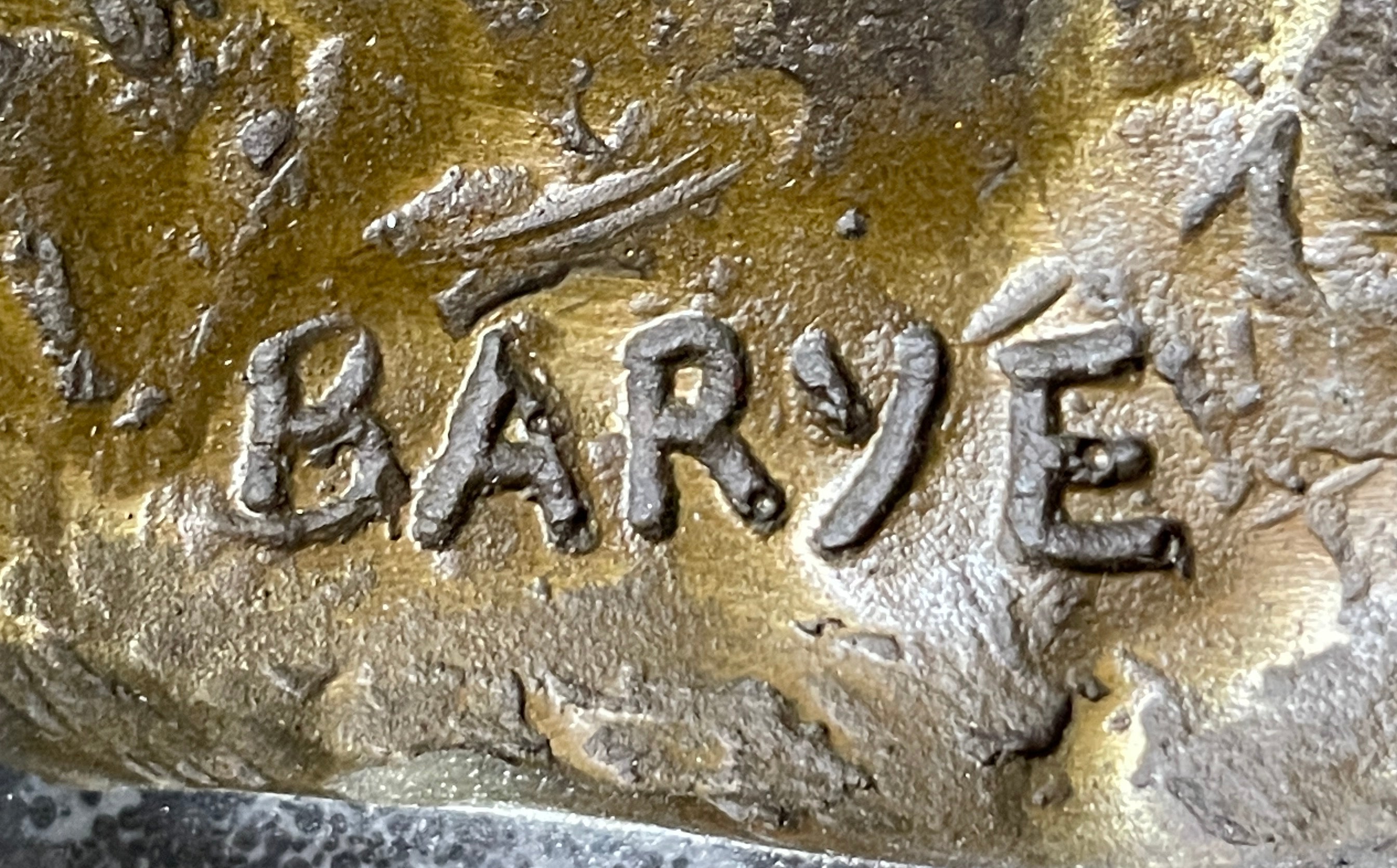 Lion Stalking Prey Hot Cast Bronze Sculpture Statue Art by Antoine Barye on Marble Base