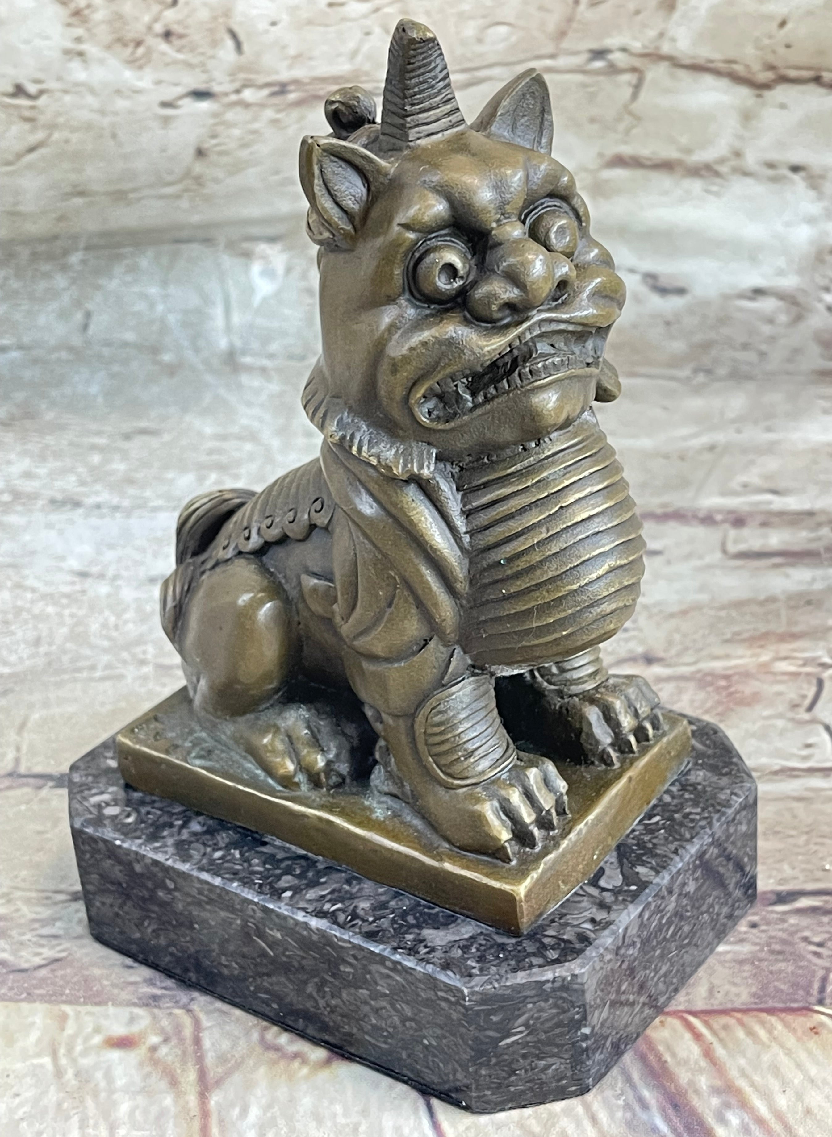 Chinese Foo Dog Guardian Lion Bronze Statue Sculpture Figure Marble Base 7.5" x 5"