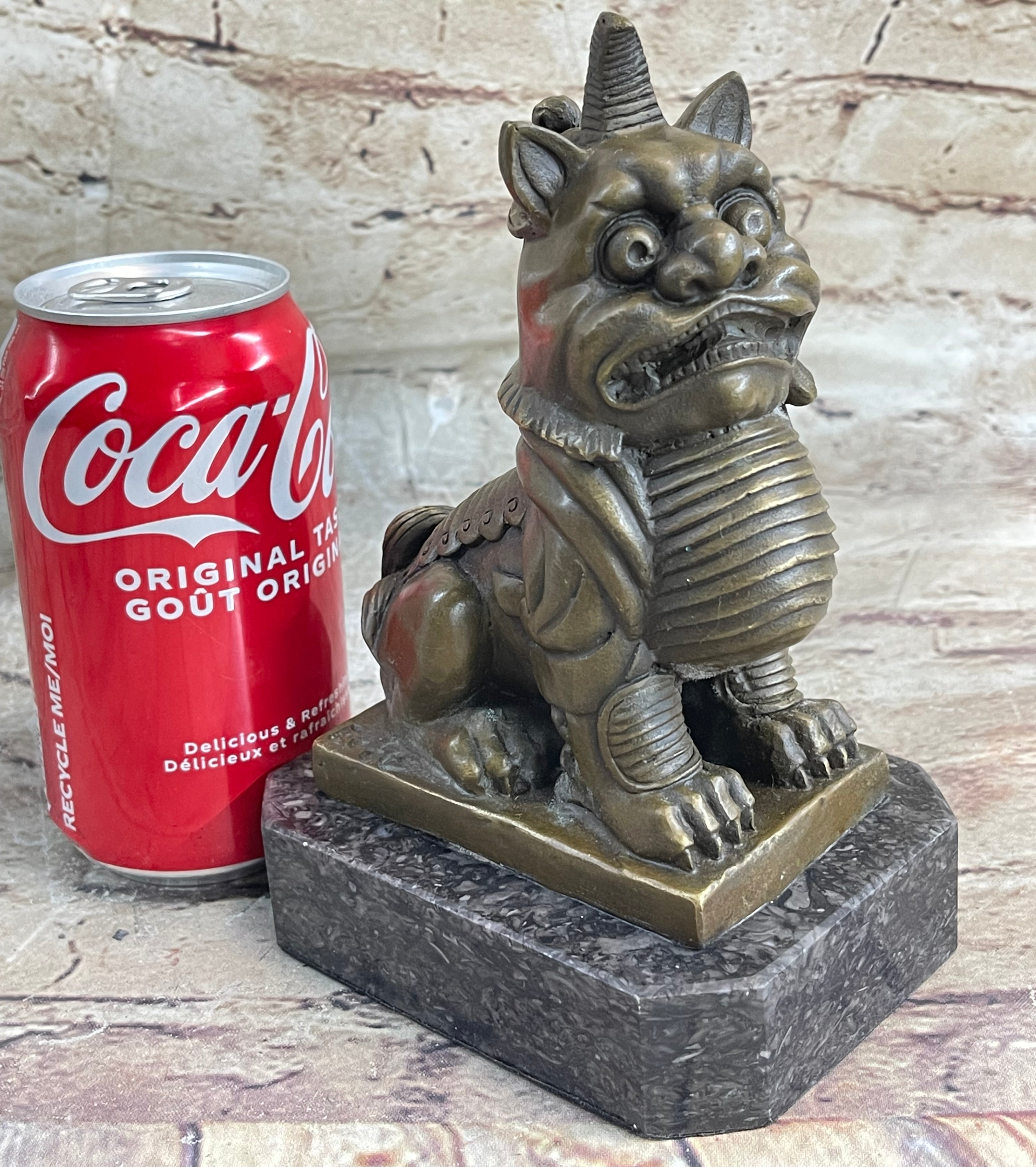 Chinese Foo Dog Guardian Lion Bronze Statue Sculpture Figure Marble Base 7.5" x 5"