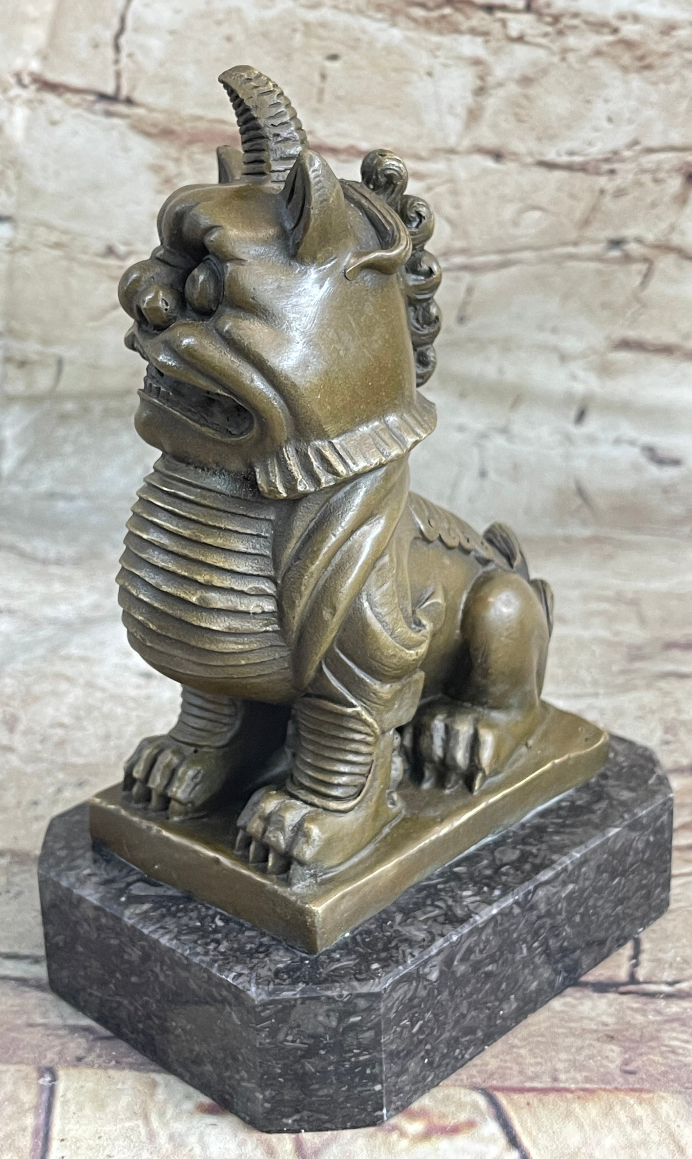 Chinese Foo Dog Guardian Lion Bronze Statue Sculpture Figure Marble Base 7.5" x 5"