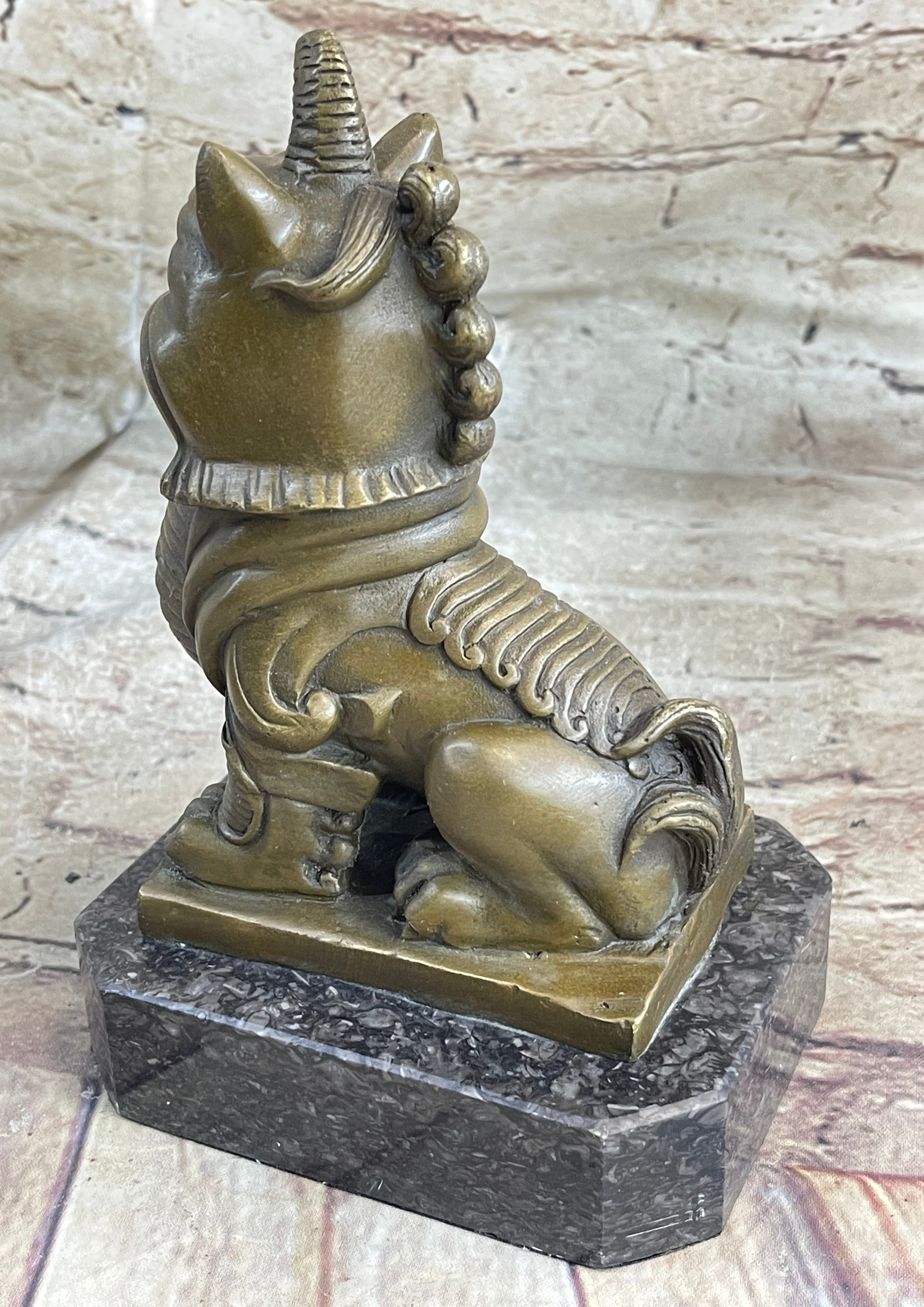 Chinese Foo Dog Guardian Lion Bronze Statue Sculpture Figure Marble Base 7.5" x 5"
