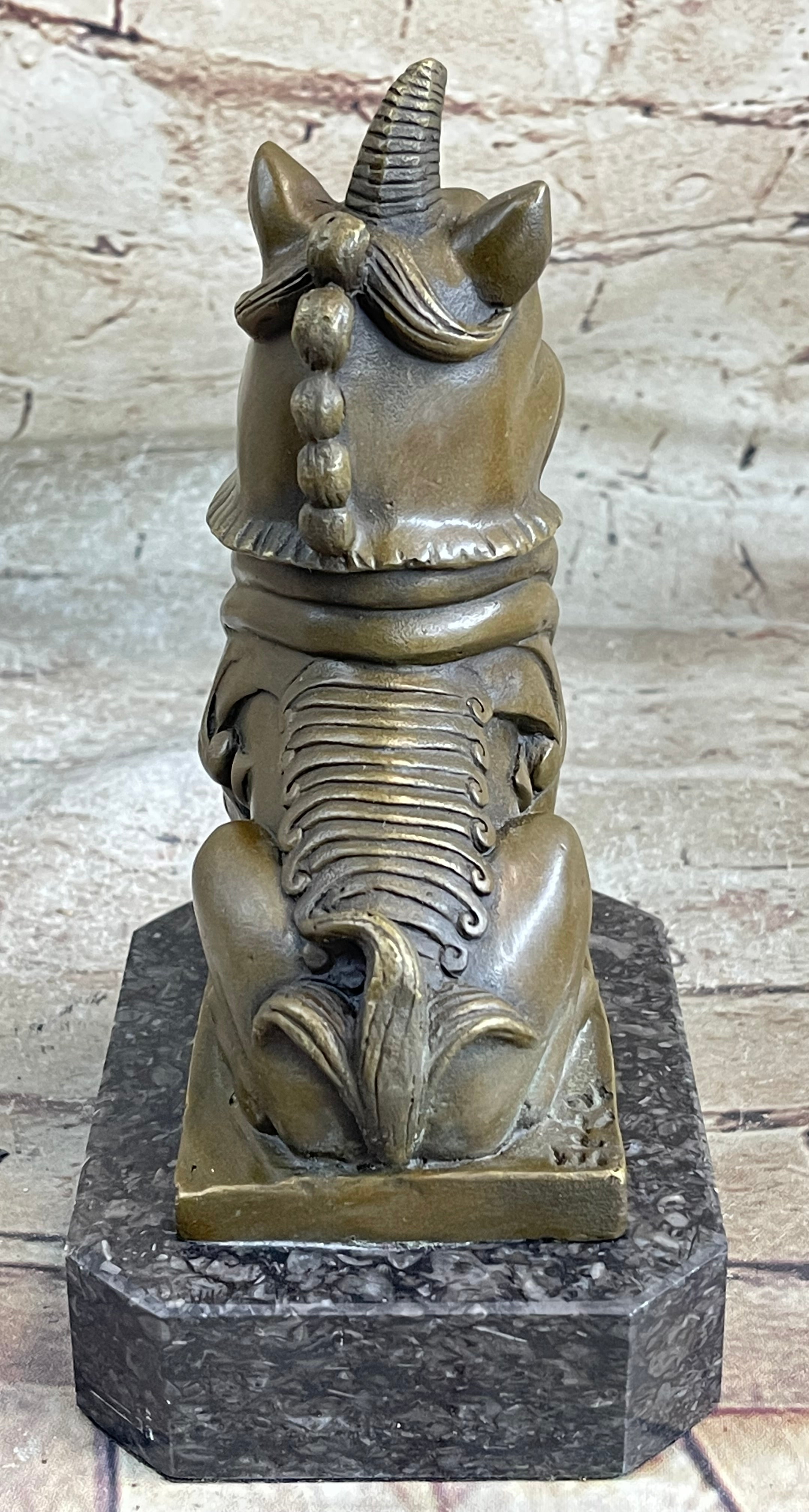 Chinese Foo Dog Guardian Lion Bronze Statue Sculpture Figure Marble Base 7.5" x 5"