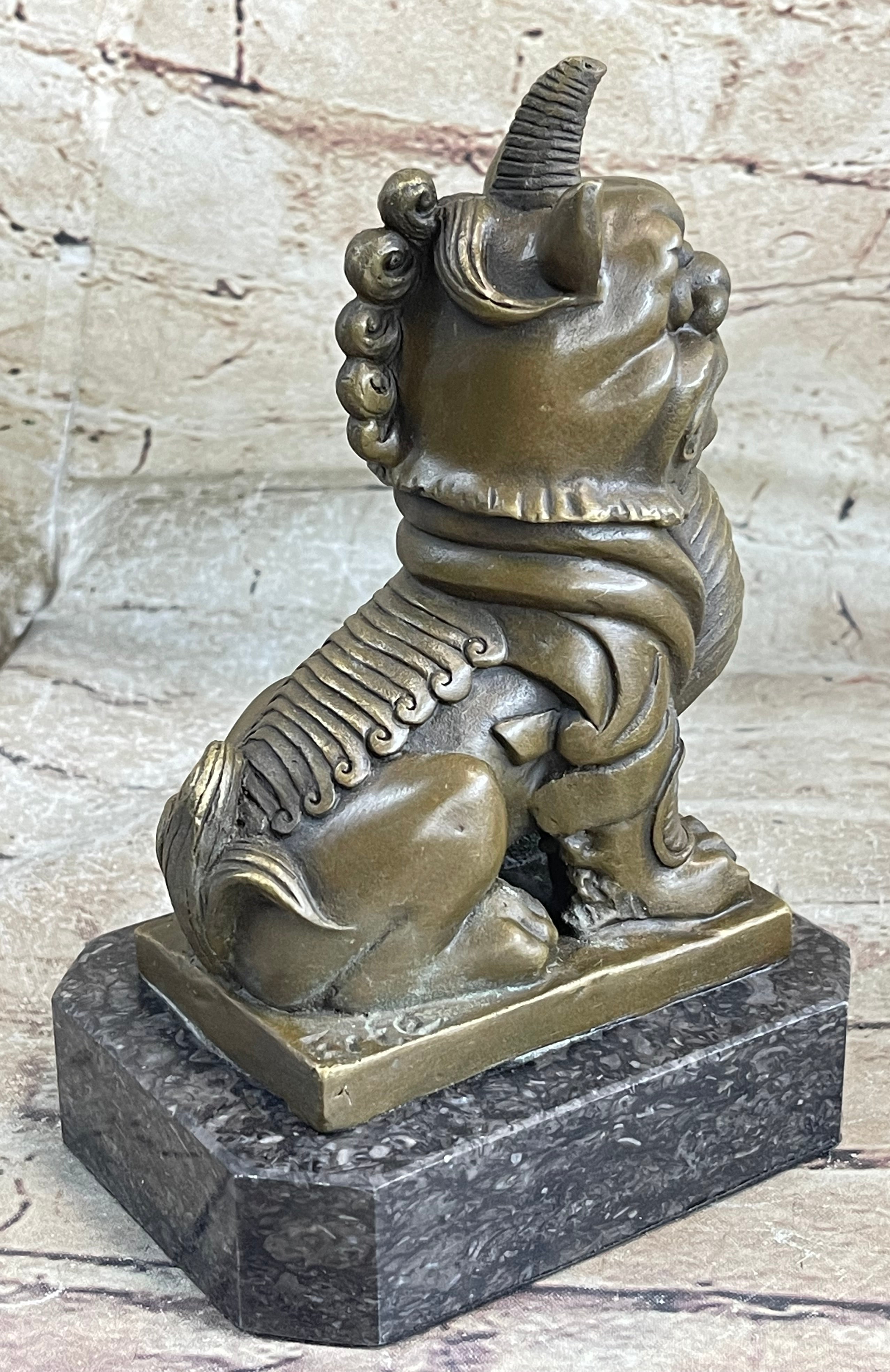 Chinese Foo Dog Guardian Lion Bronze Statue Sculpture Figure Marble Base 7.5" x 5"