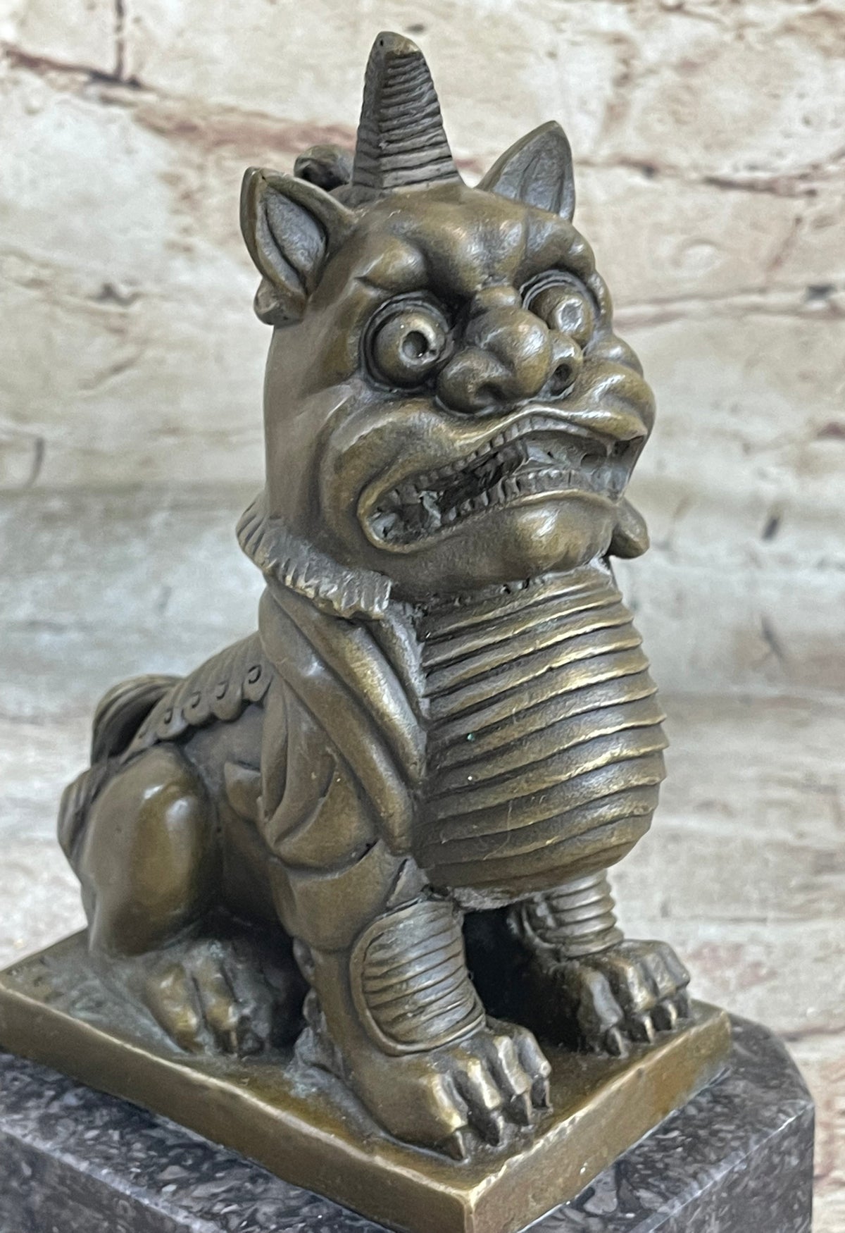Chinese Foo Dog Guardian Lion Bronze Statue Sculpture Figure Marble Base 7.5" x 5"