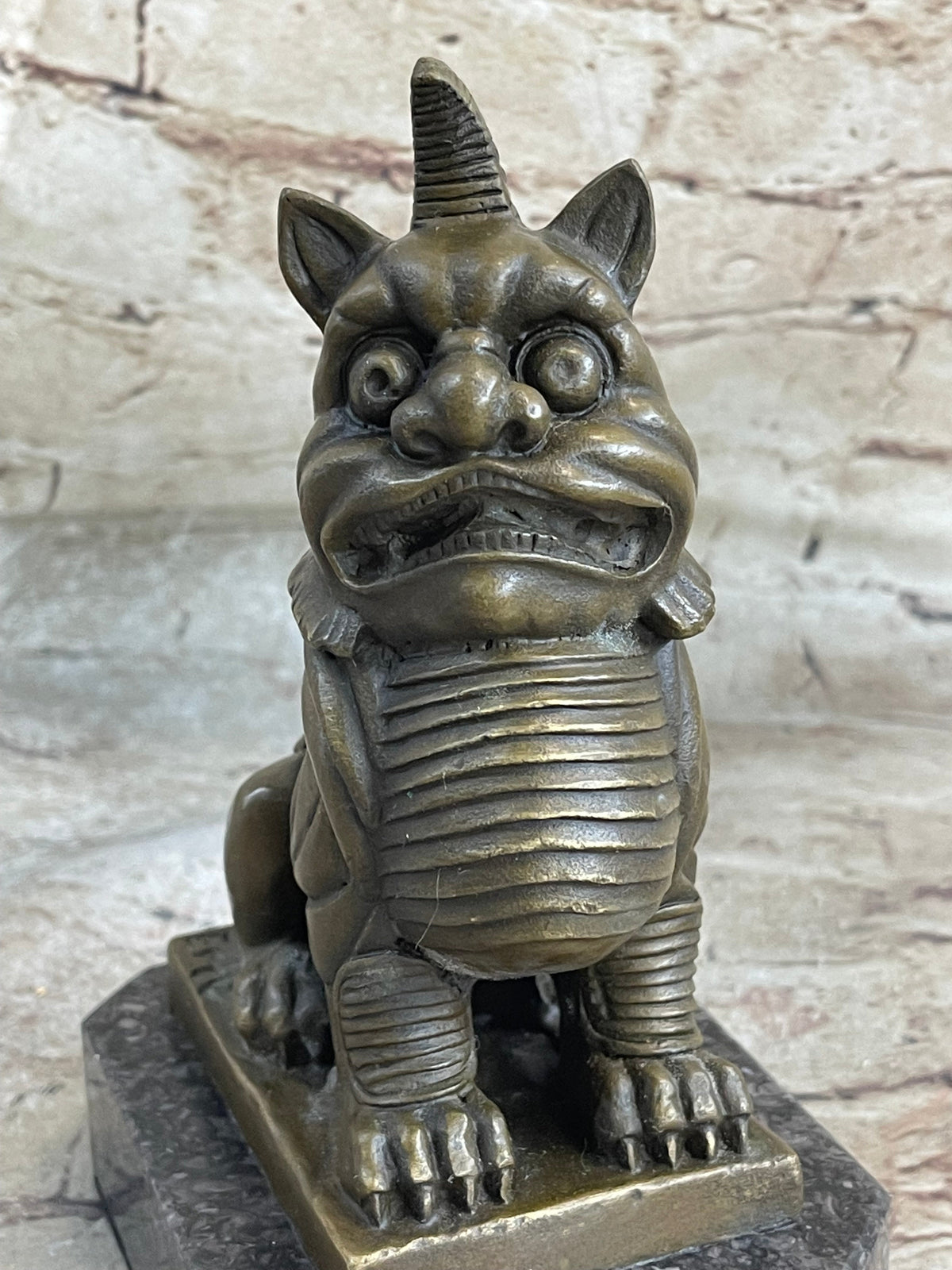 Chinese Foo Dog Guardian Lion Bronze Statue Sculpture Figure Marble Base 7.5" x 5"