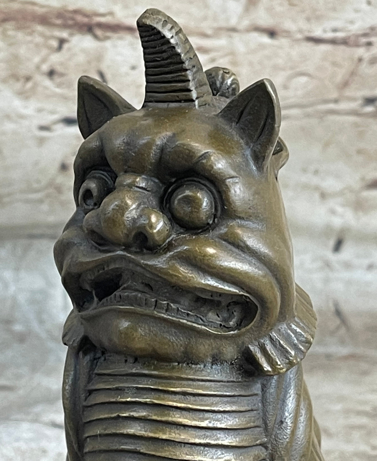 Chinese Foo Dog Guardian Lion Bronze Statue Sculpture Figure Marble Base 7.5" x 5"