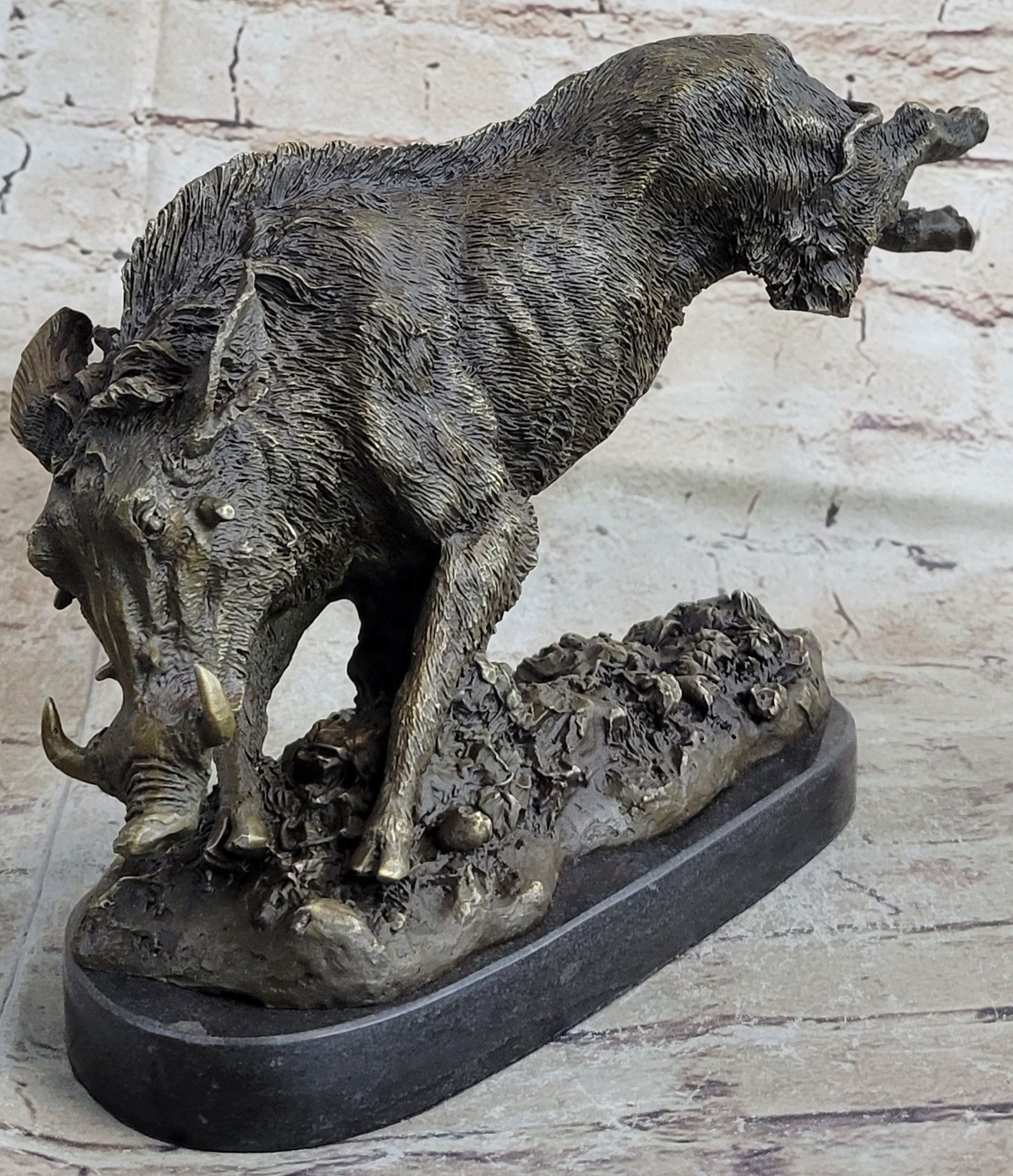 Wild Boar Feral Hog Pig Kicking Hind Legs Bronze Sculpture Statue Figure on Marble Base
