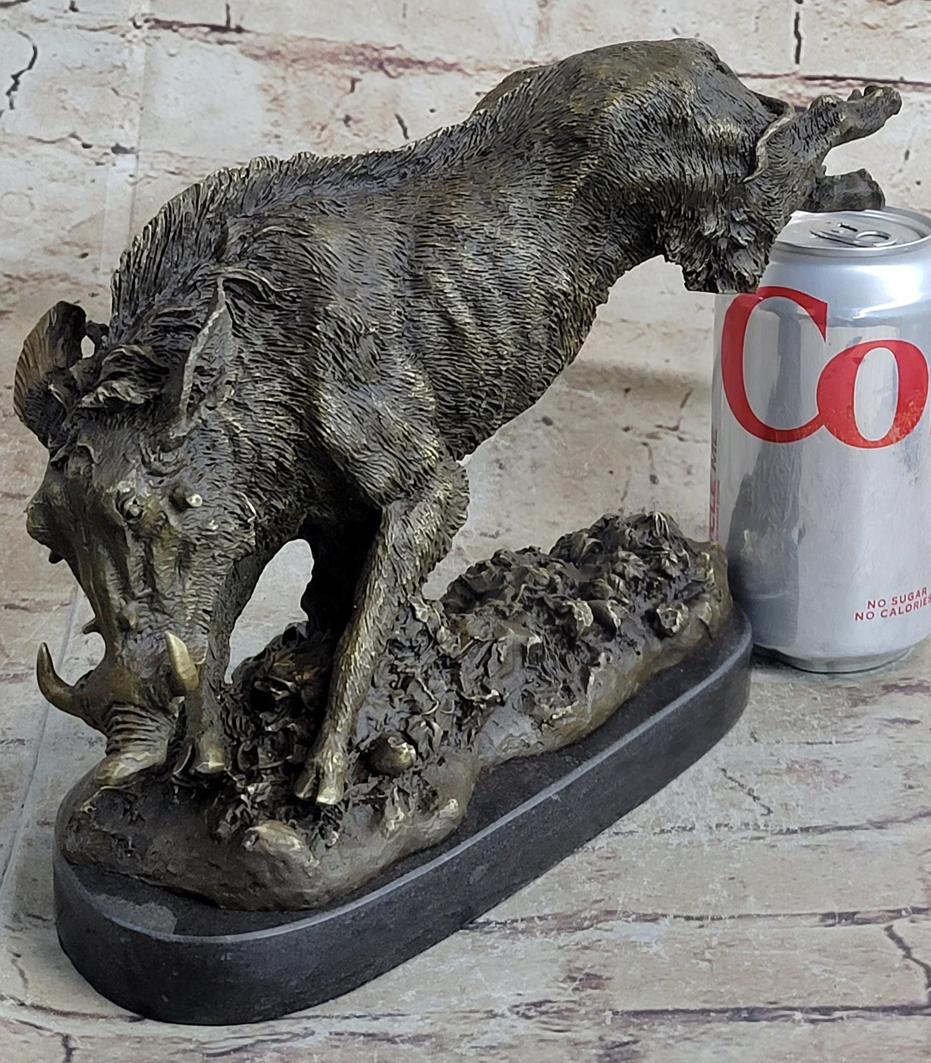 Wild Boar Feral Hog Pig Kicking Hind Legs Bronze Sculpture Statue Figure on Marble Base
