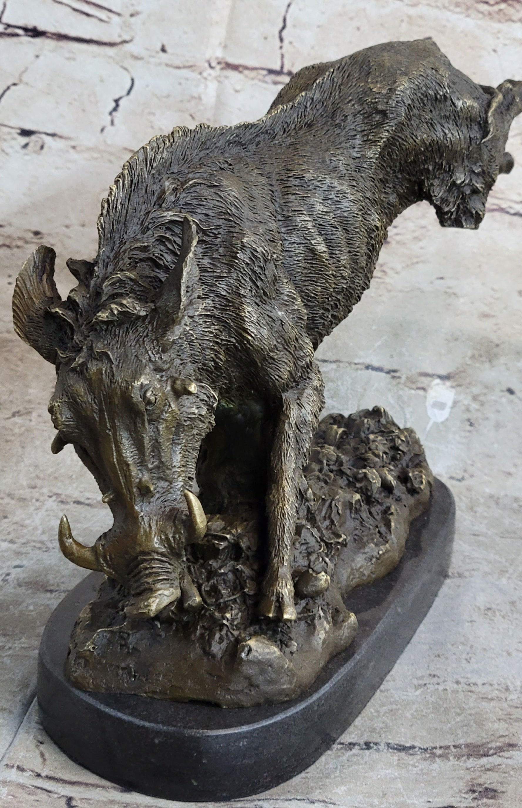 Wild Boar Feral Hog Pig Kicking Hind Legs Bronze Sculpture Statue Figure on Marble Base