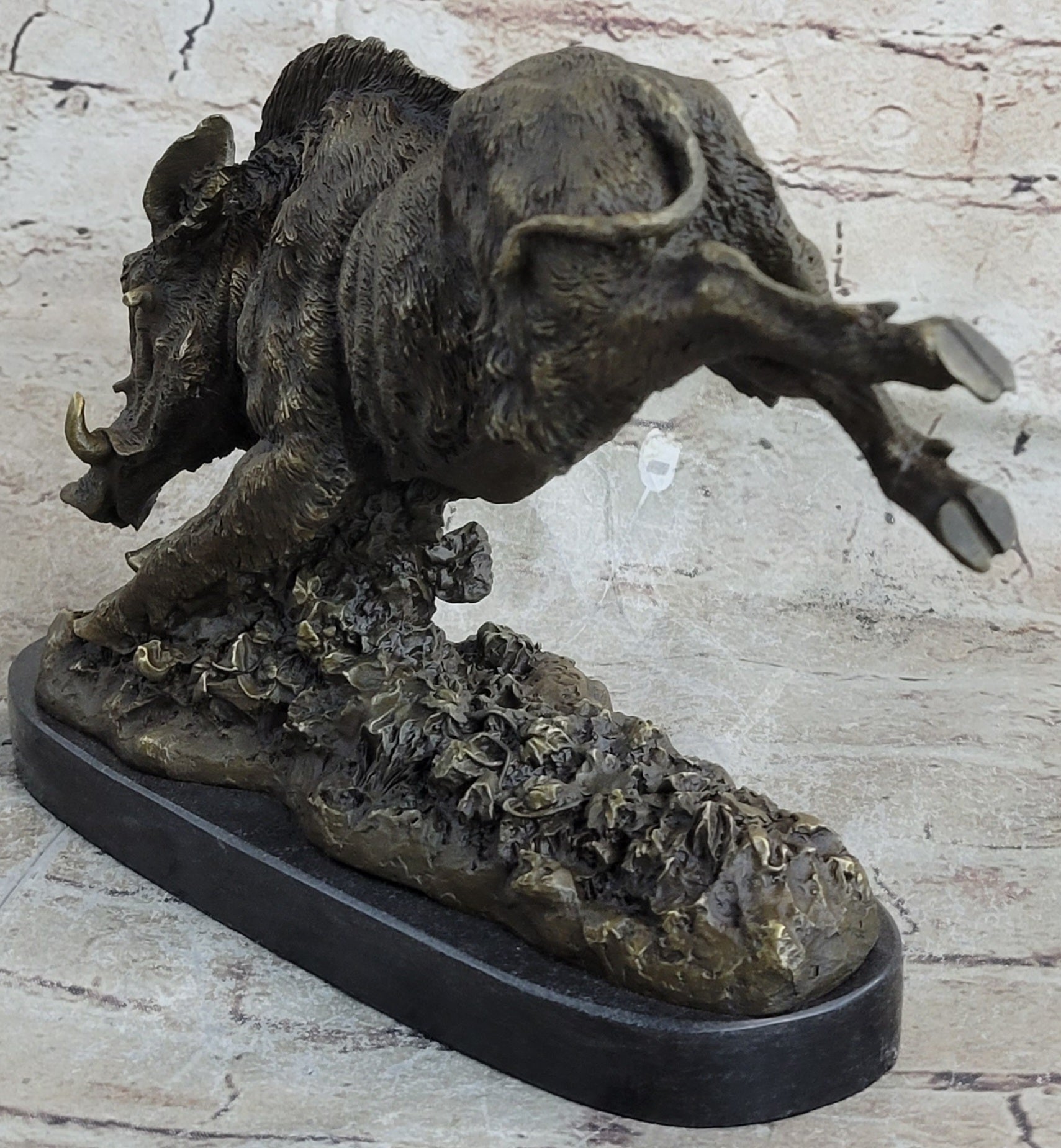 Wild Boar Feral Hog Pig Kicking Hind Legs Bronze Sculpture Statue Figure on Marble Base