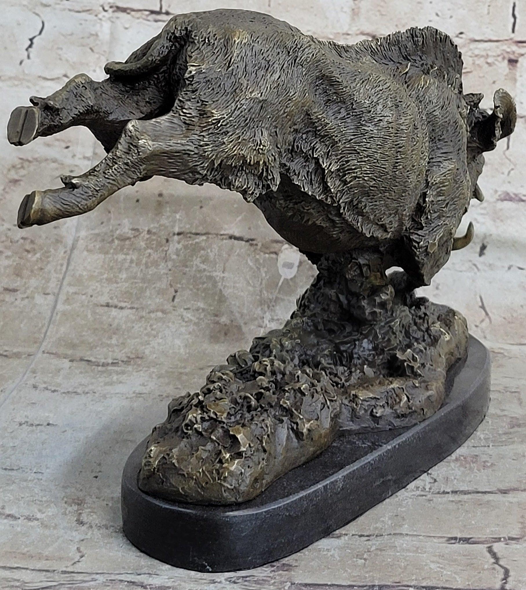 Wild Boar Feral Hog Pig Kicking Hind Legs Bronze Sculpture Statue Figure on Marble Base