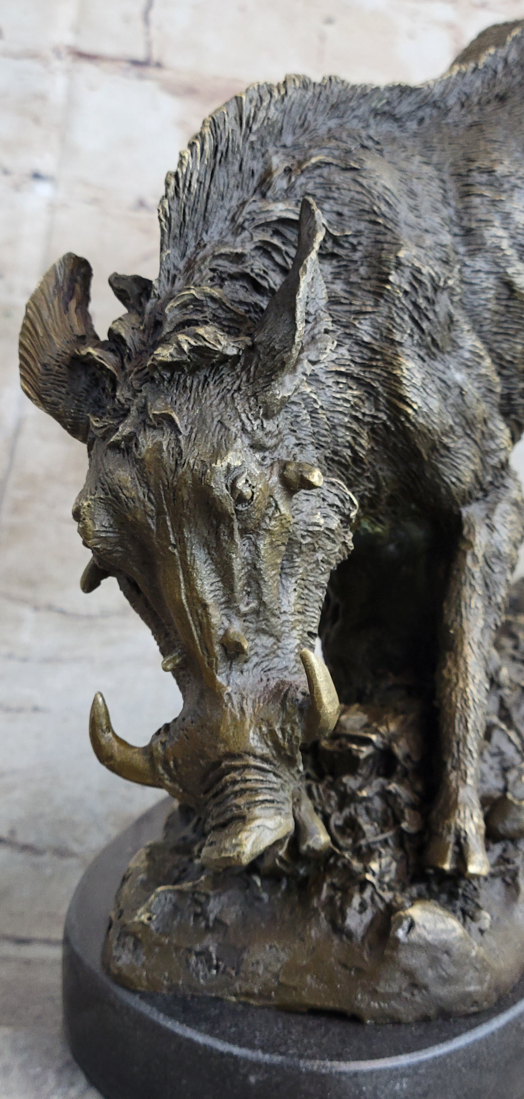 Wild Boar Feral Hog Pig Kicking Hind Legs Bronze Sculpture Statue Figure on Marble Base