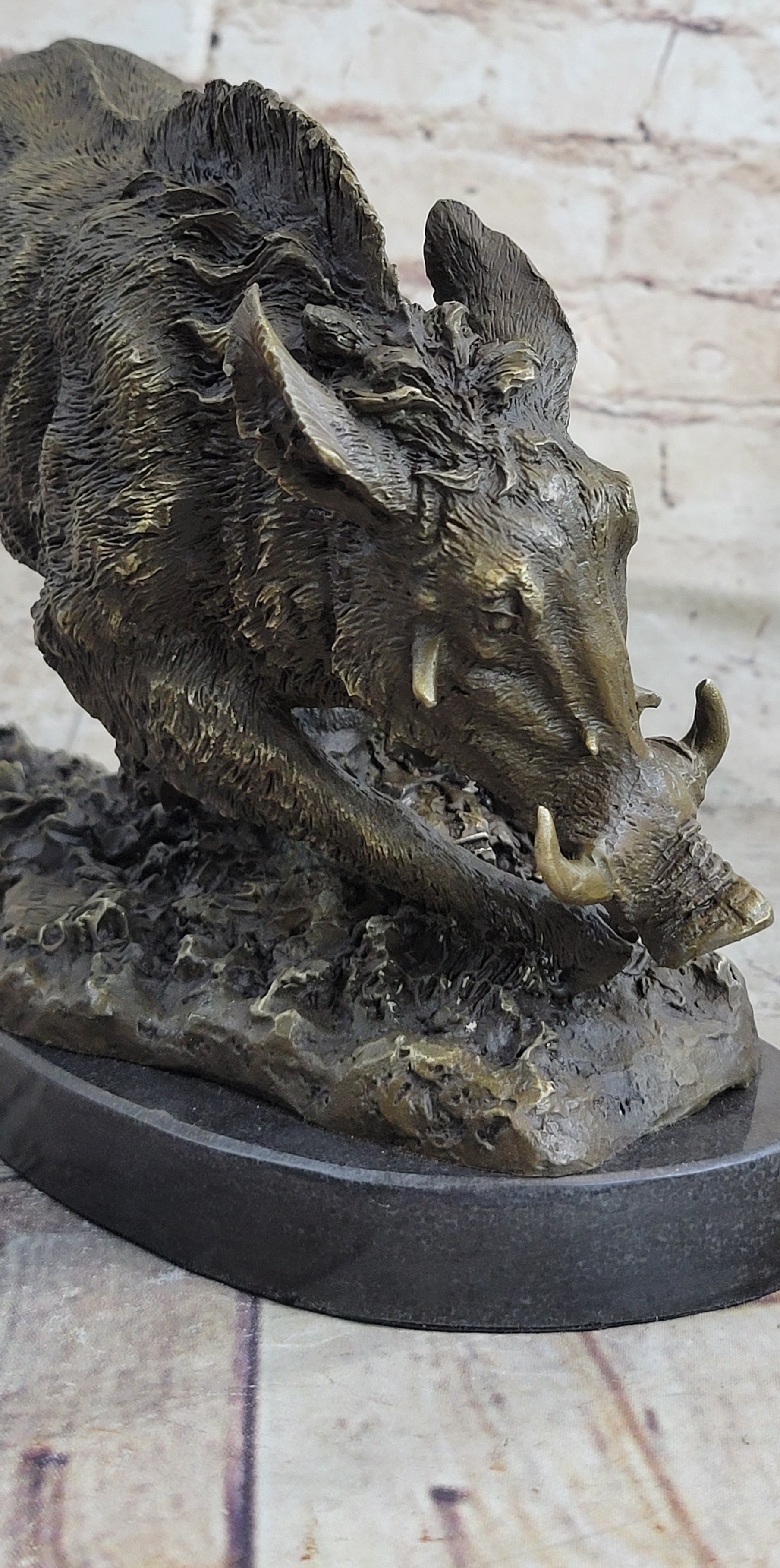 Wild Boar Feral Hog Pig Kicking Hind Legs Bronze Sculpture Statue Figure on Marble Base