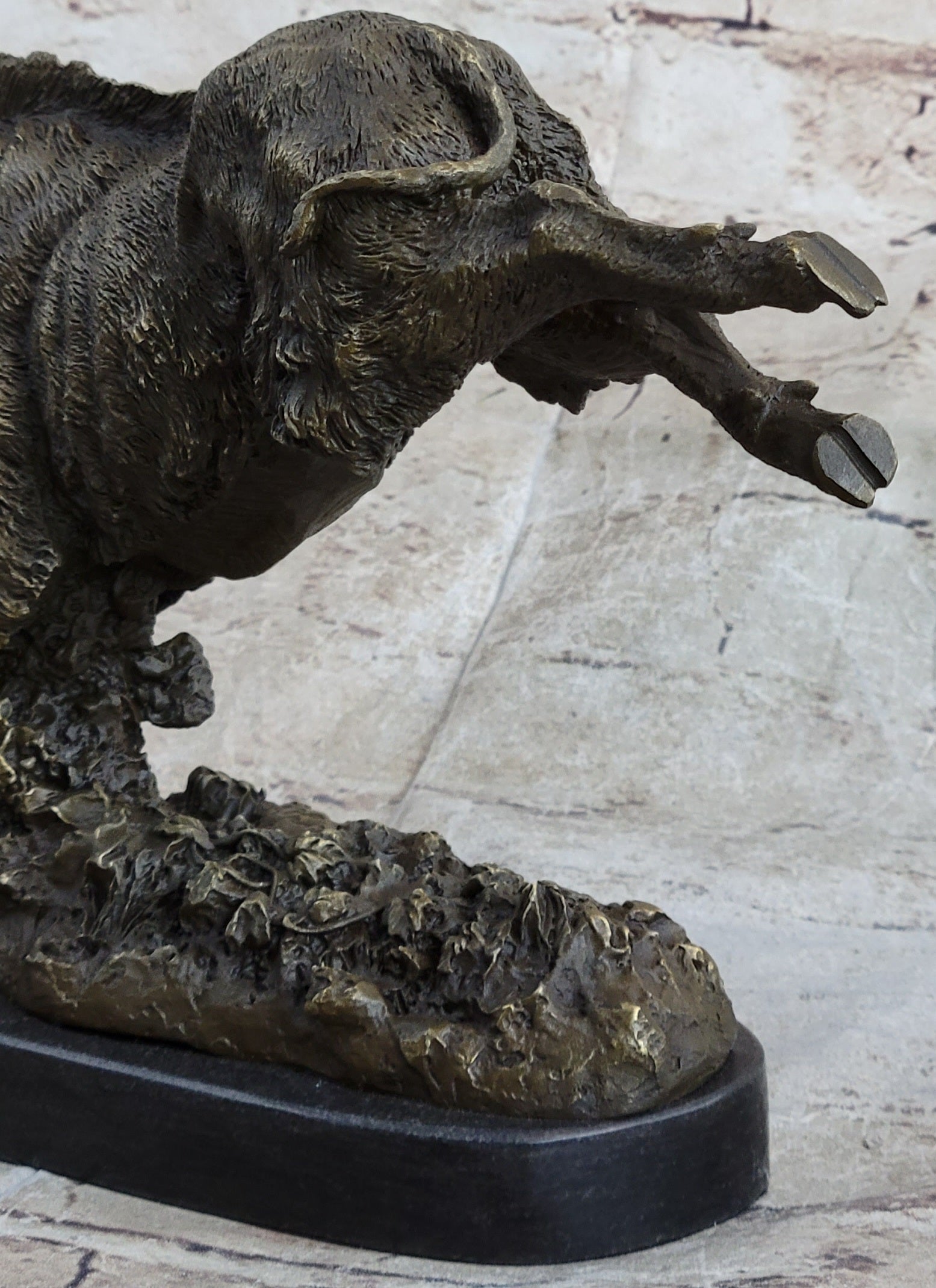 Wild Boar Feral Hog Pig Kicking Hind Legs Bronze Sculpture Statue Figure on Marble Base