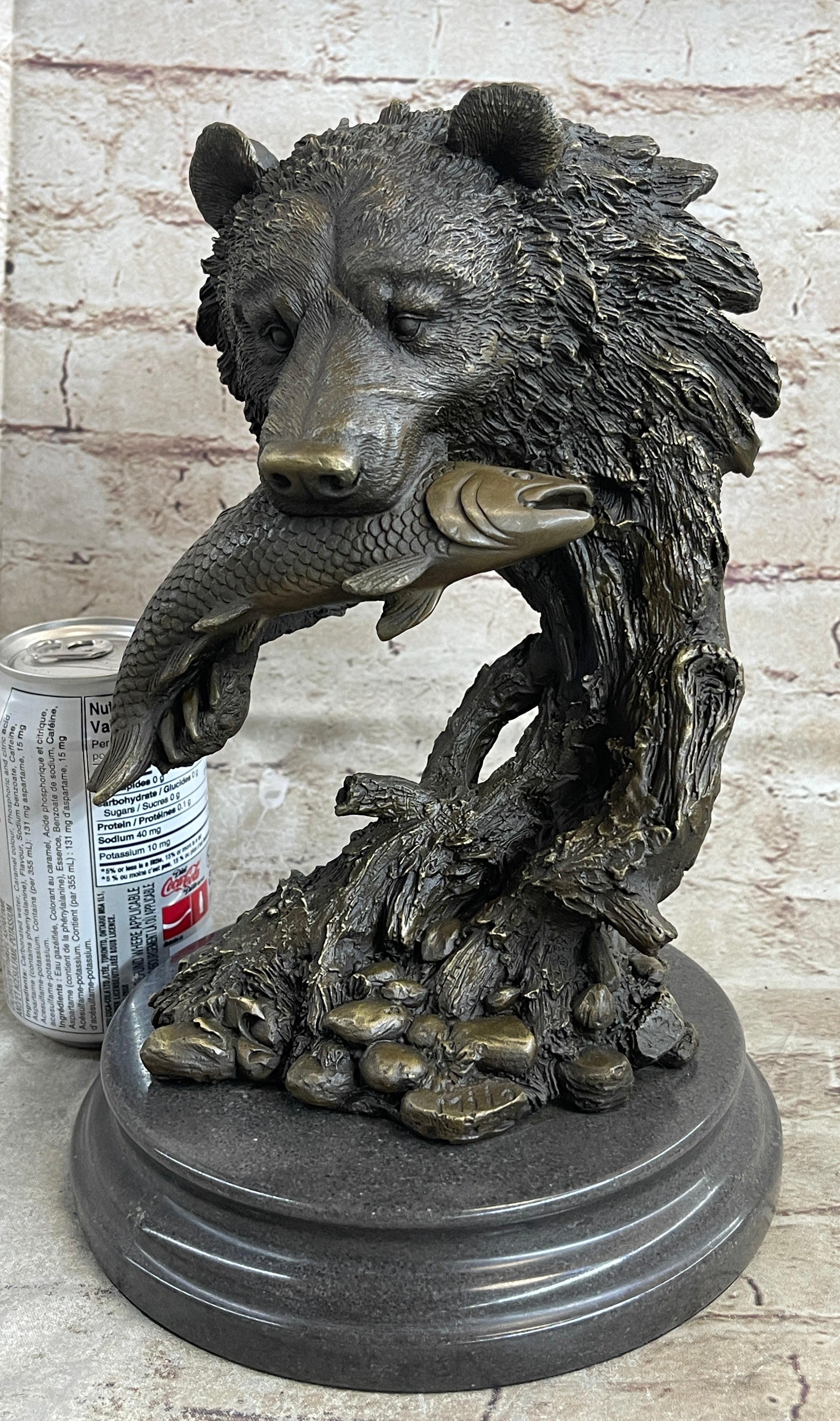 Bear Catching Salmon Bronze Metal Bust Statue Sculpture Original Art on Marble Base