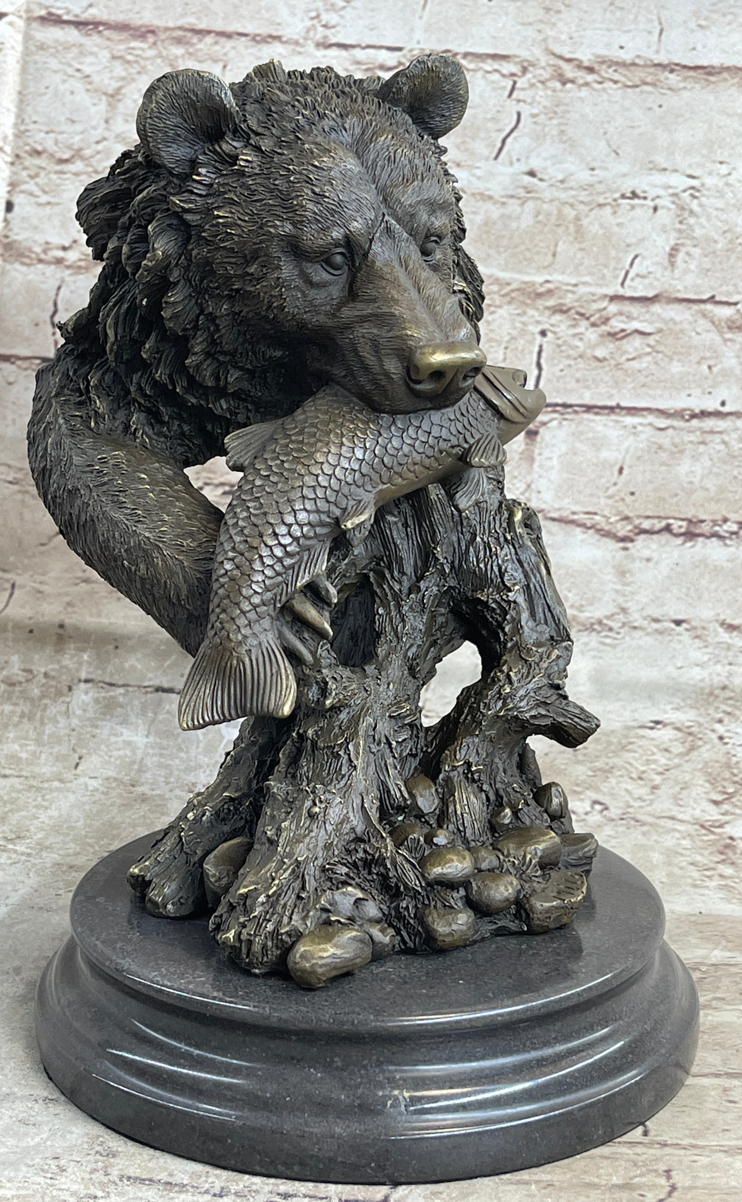 Bear Catching Salmon Bronze Metal Bust Statue Sculpture Original Art on Marble Base