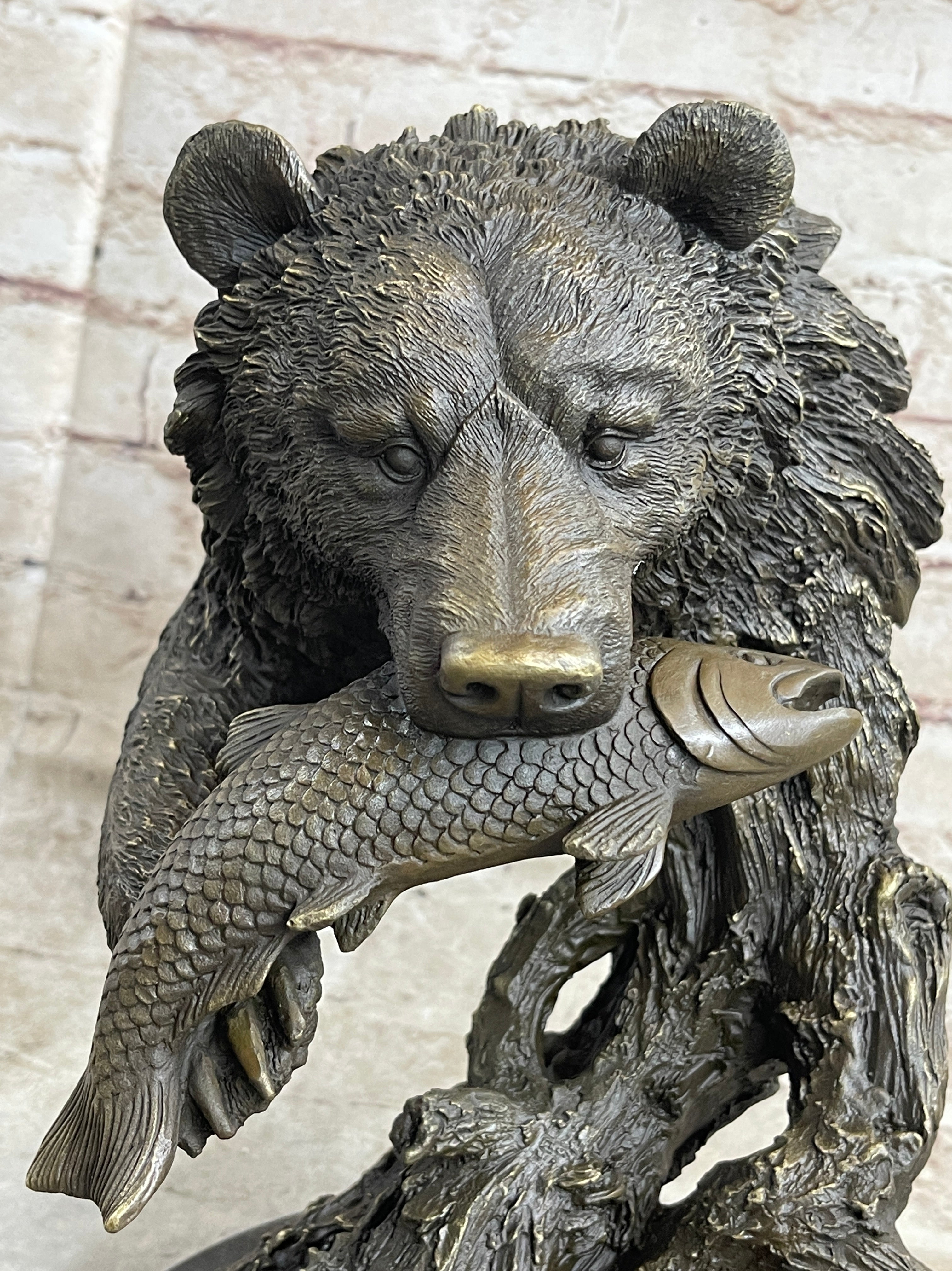 Bear Catching Salmon Bronze Metal Bust Statue Sculpture Original Art on Marble Base
