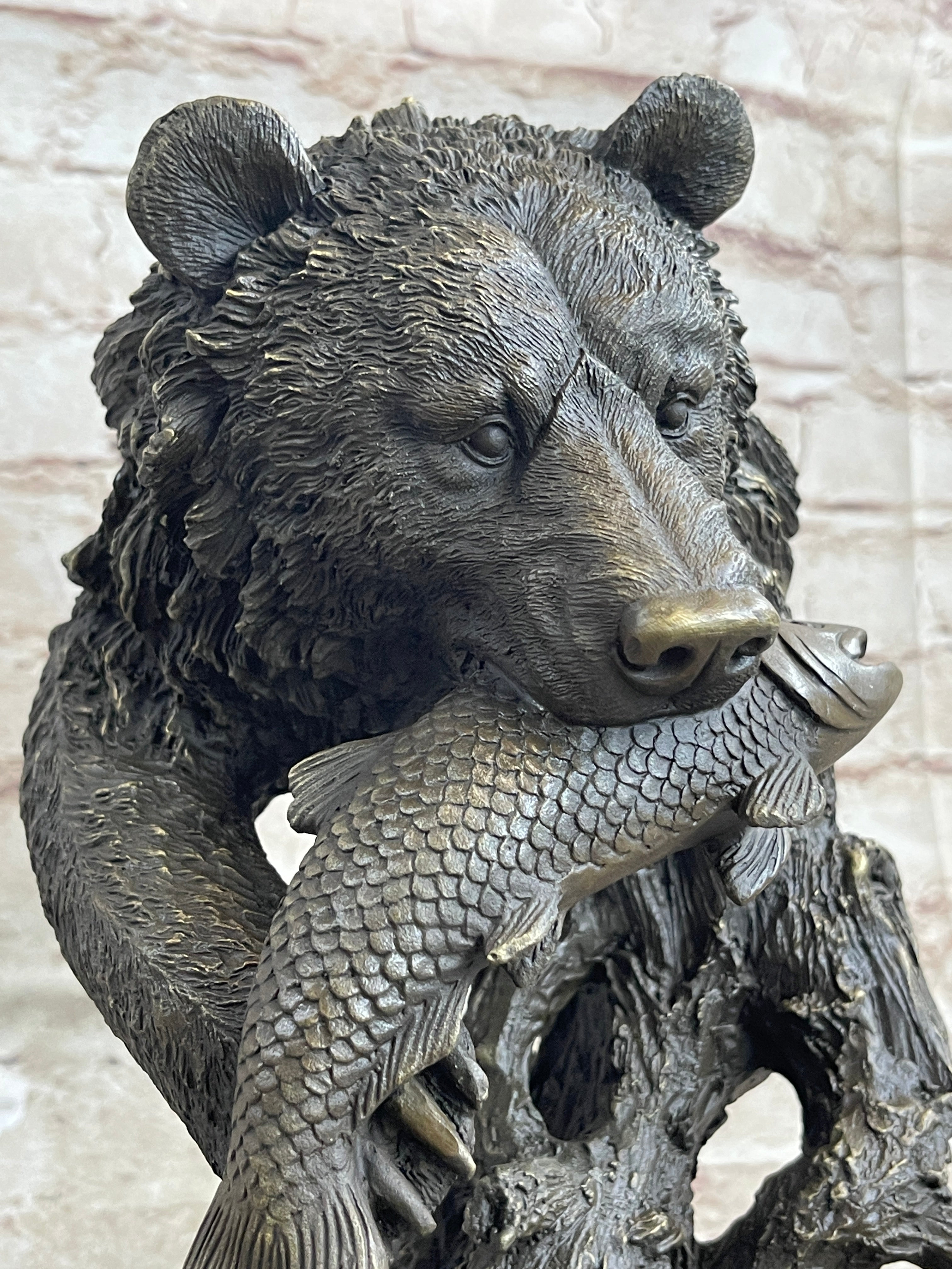Bear Catching Salmon Bronze Metal Bust Statue Sculpture Original Art on Marble Base