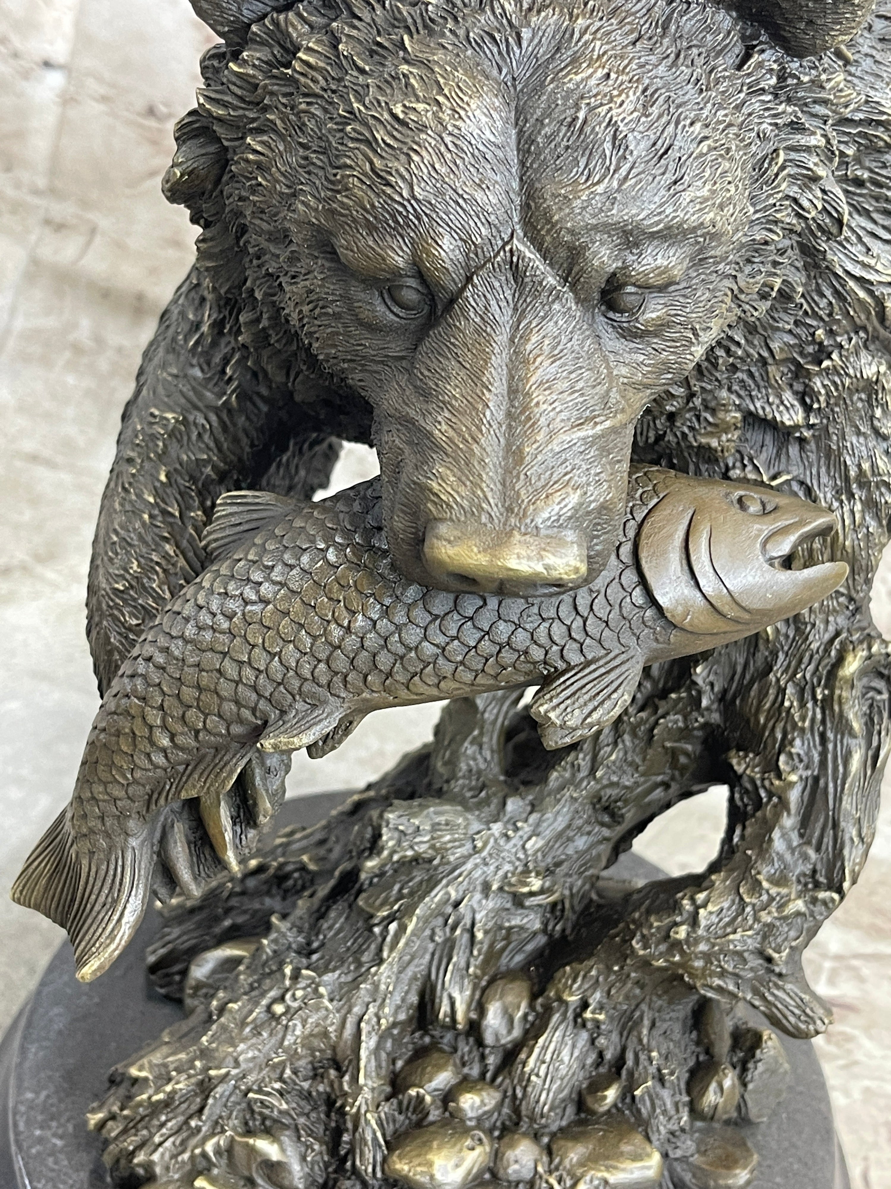 Bear Catching Salmon Bronze Metal Bust Statue Sculpture Original Art on Marble Base