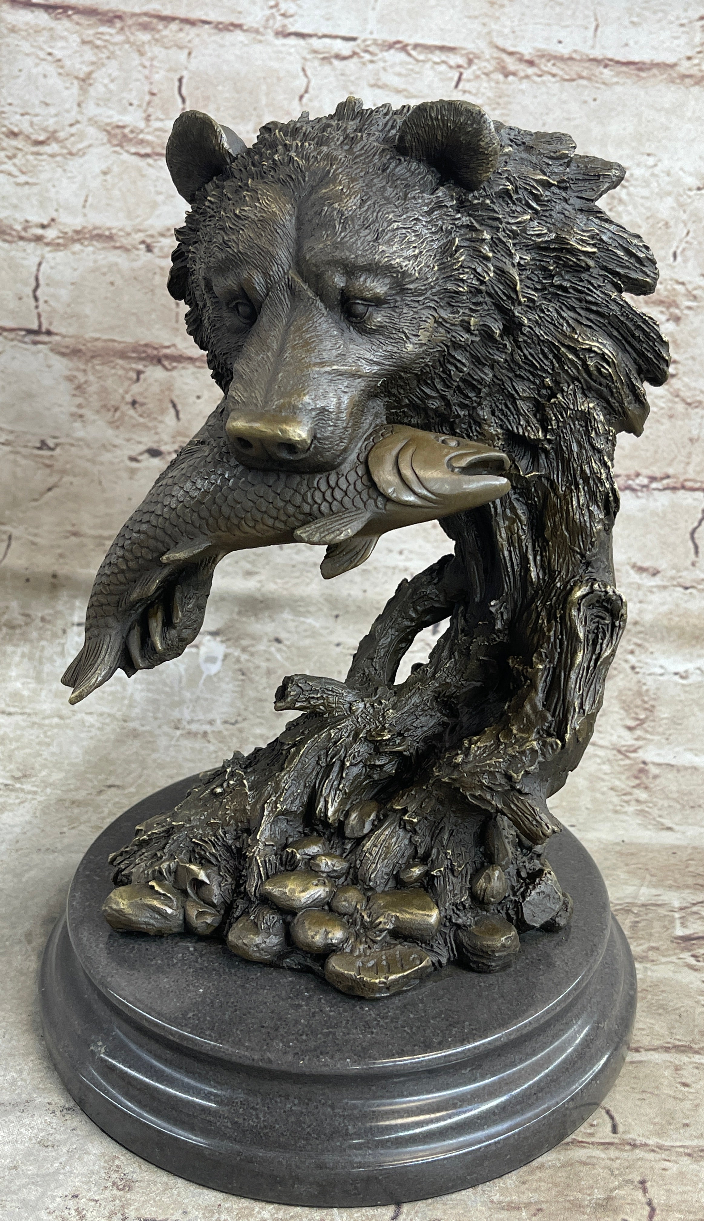 Bear Catching Salmon Bronze Metal Bust Statue Sculpture Original Art on Marble Base