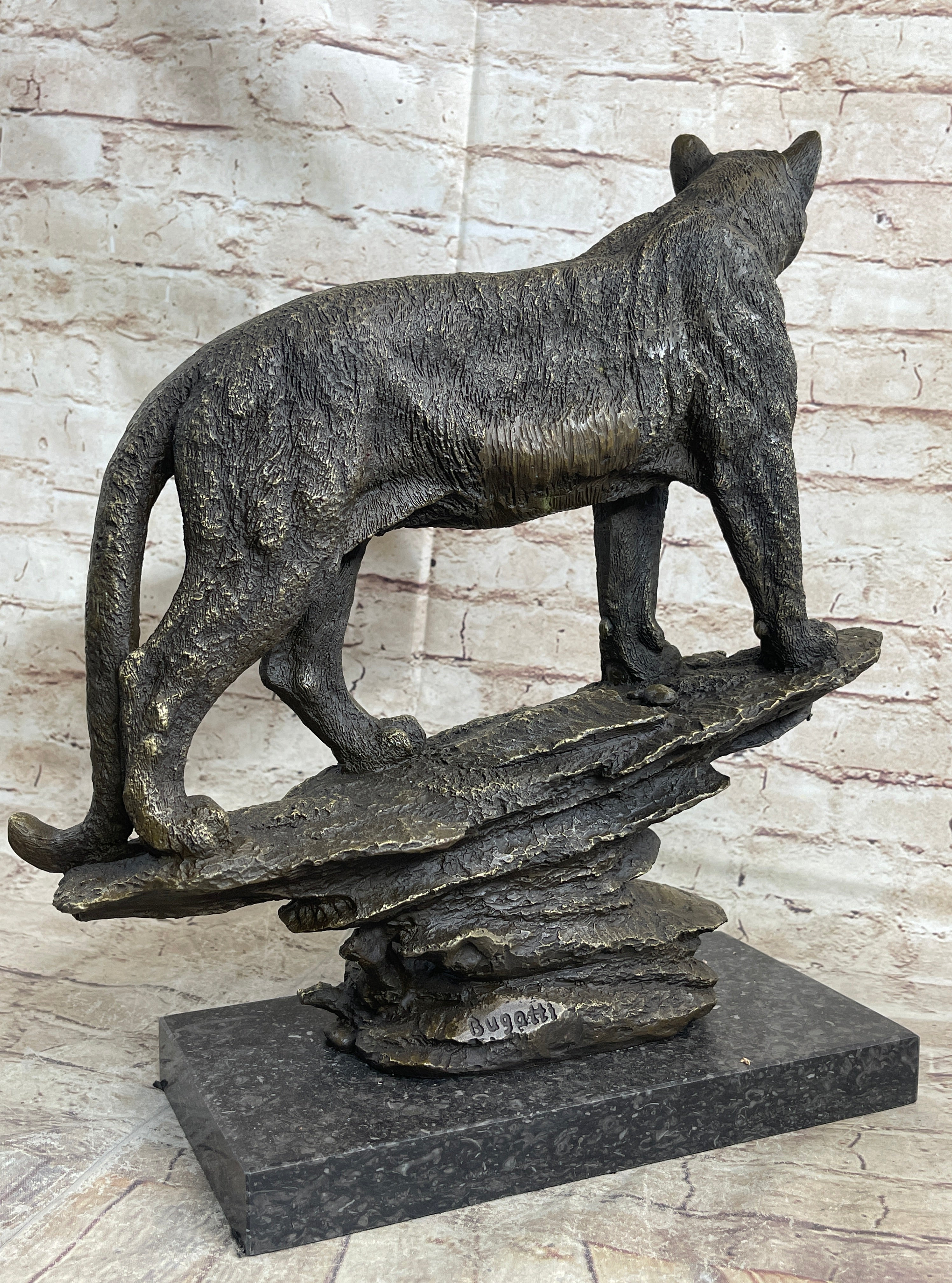 Mountain Lion Puma Panther Cougar Bronze Sculpture Statue Figure on Marble Base