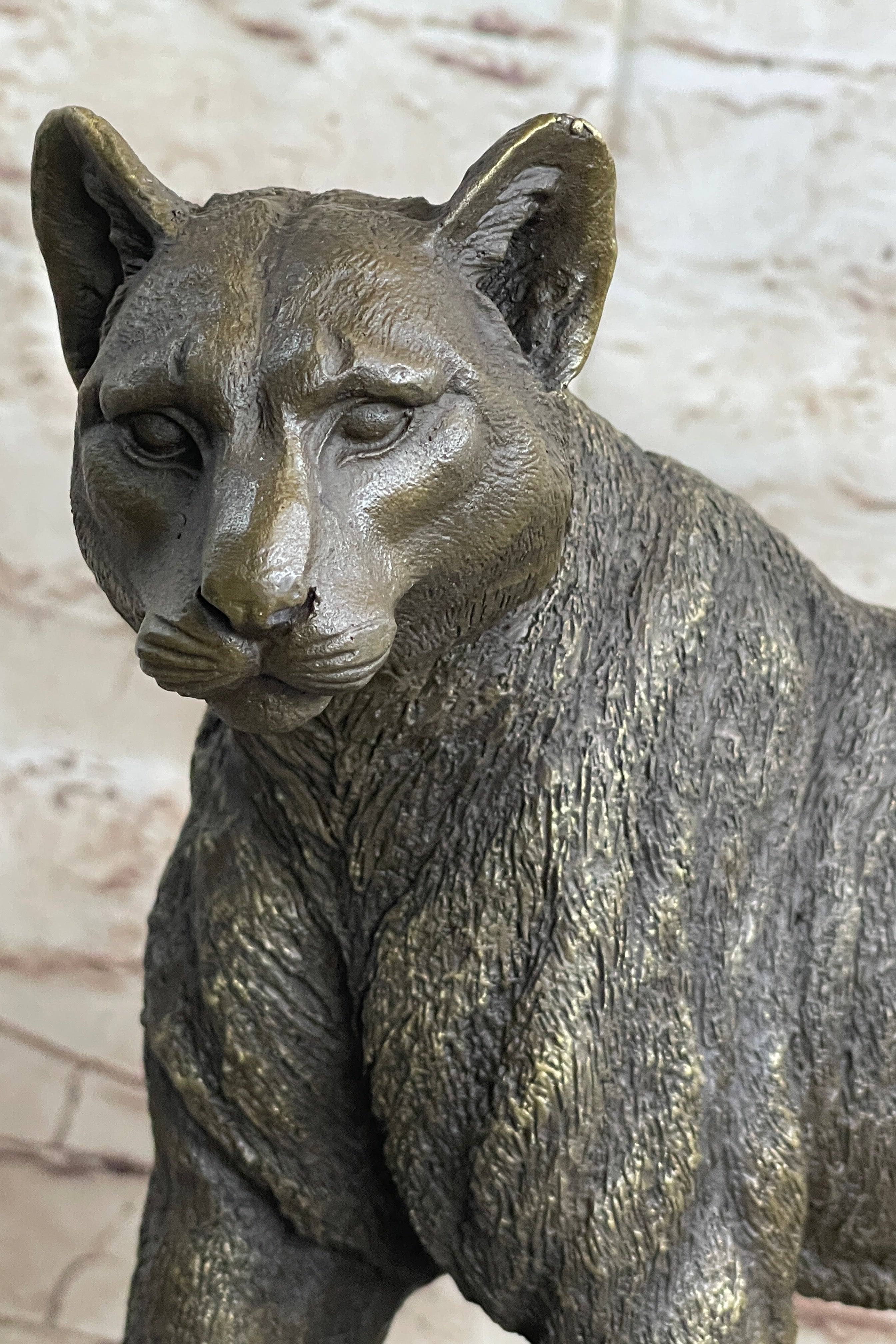 Mountain Lion Puma Panther Cougar Bronze Sculpture Statue Figure on Marble Base