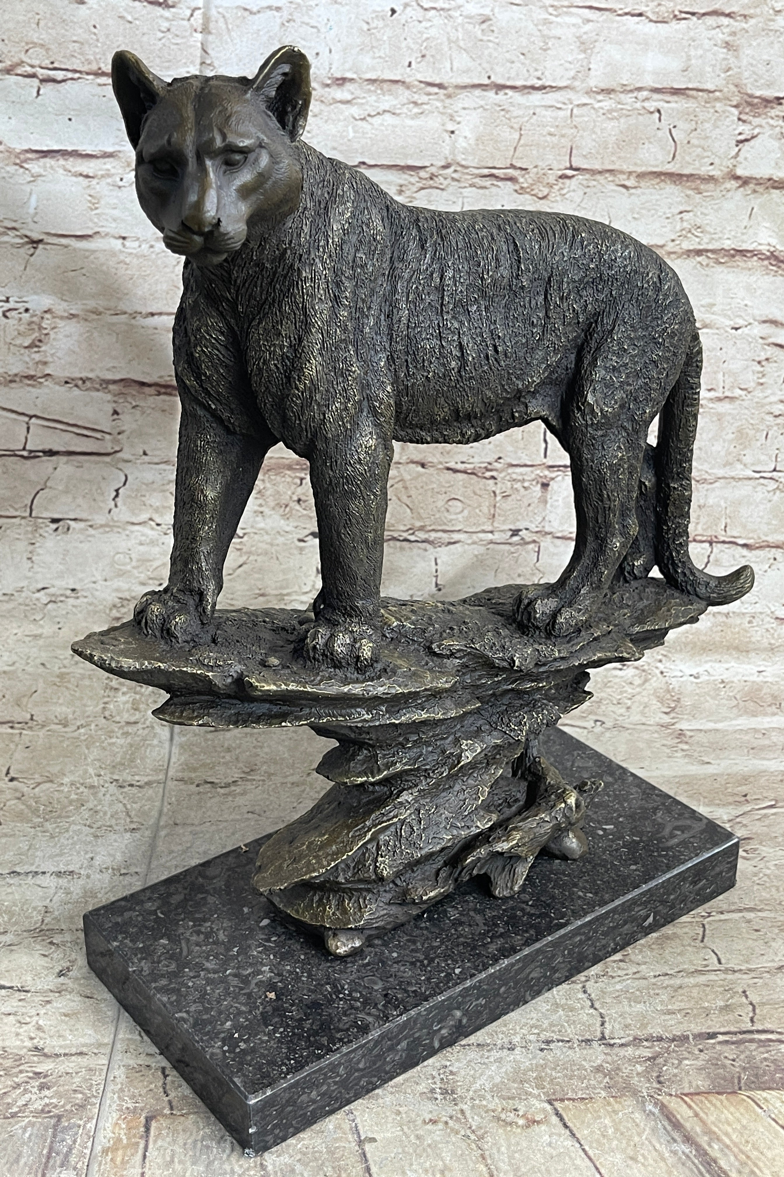 Mountain Lion Puma Panther Cougar Bronze Sculpture Statue Figure on Marble Base