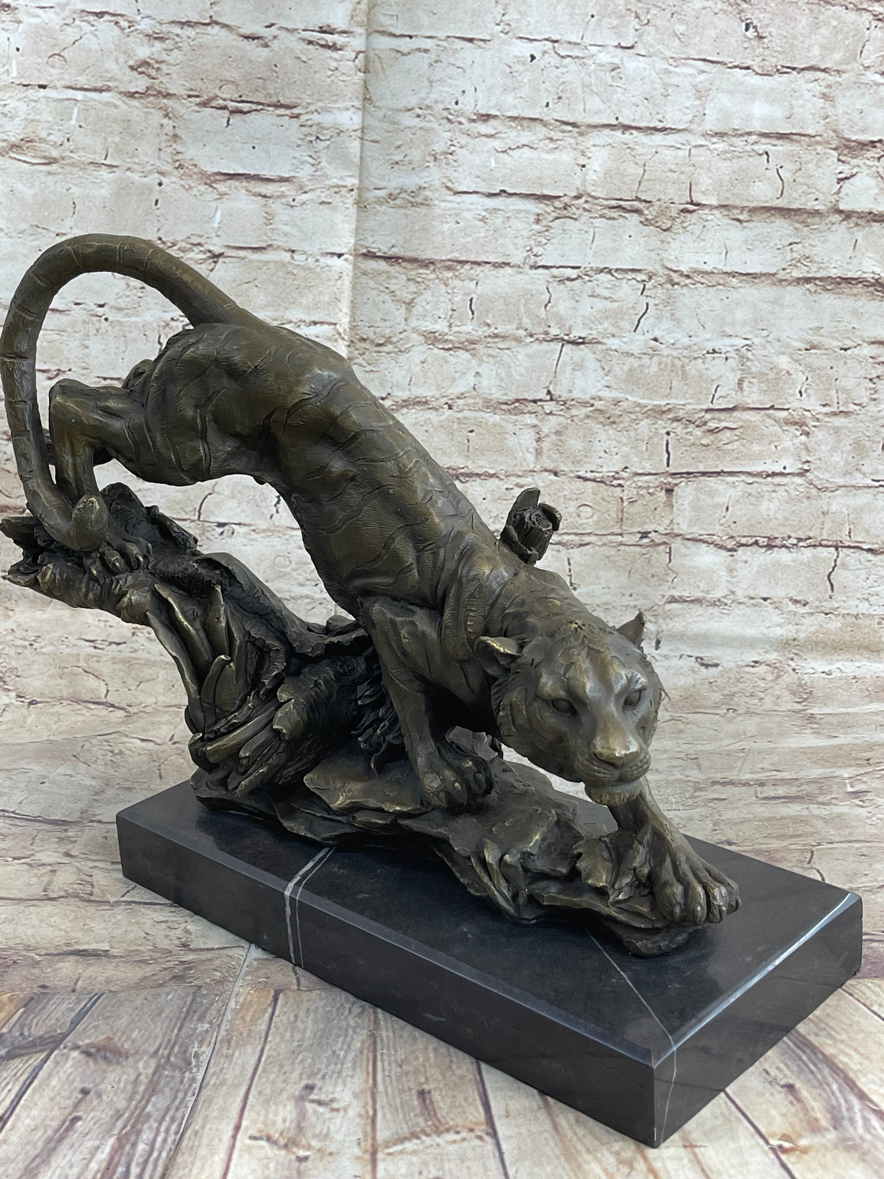Tiger Bronze Sculpture Statue Figure on Marble Base Signed