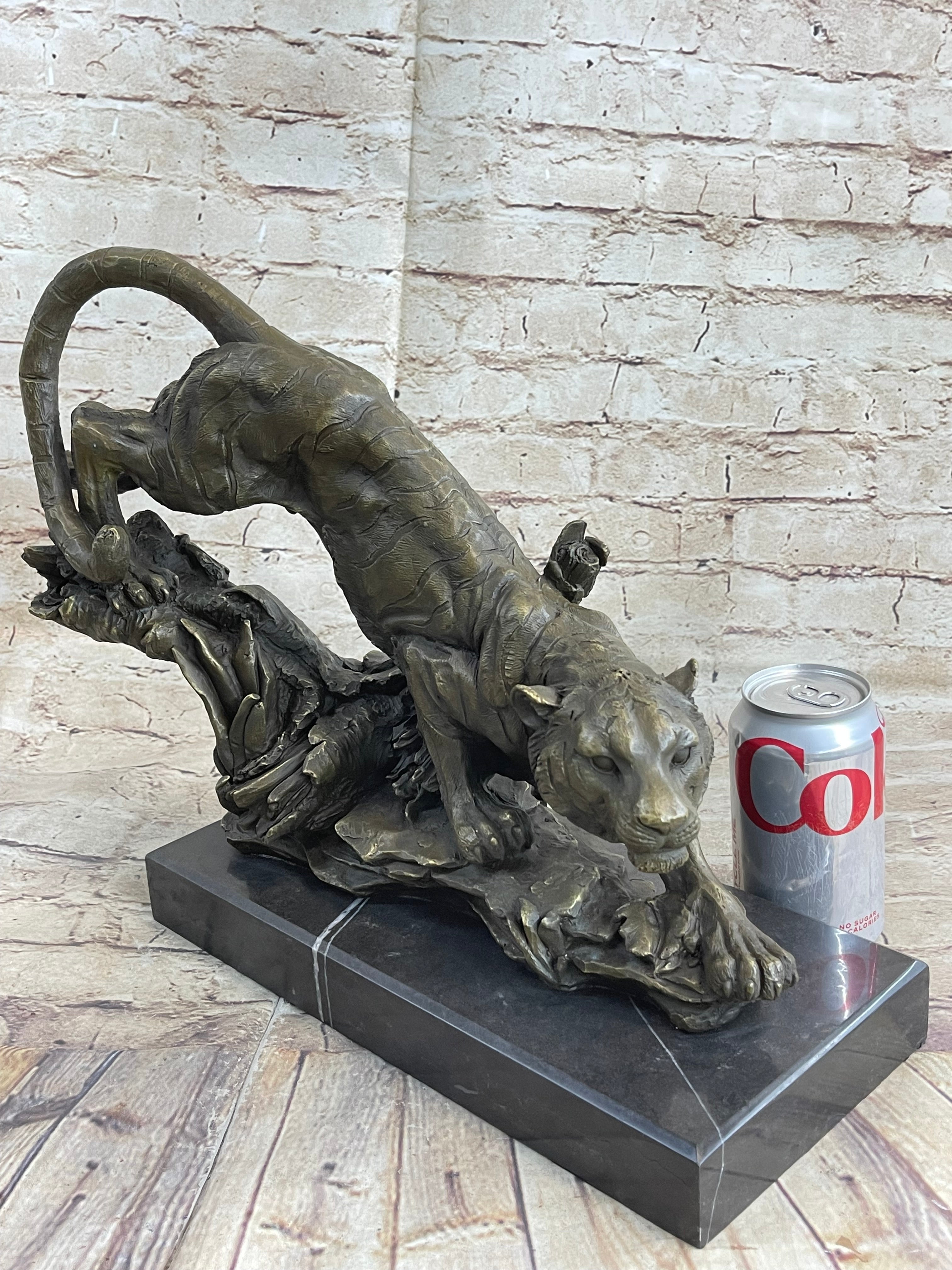 Tiger Bronze Sculpture Statue Figure on Marble Base Signed