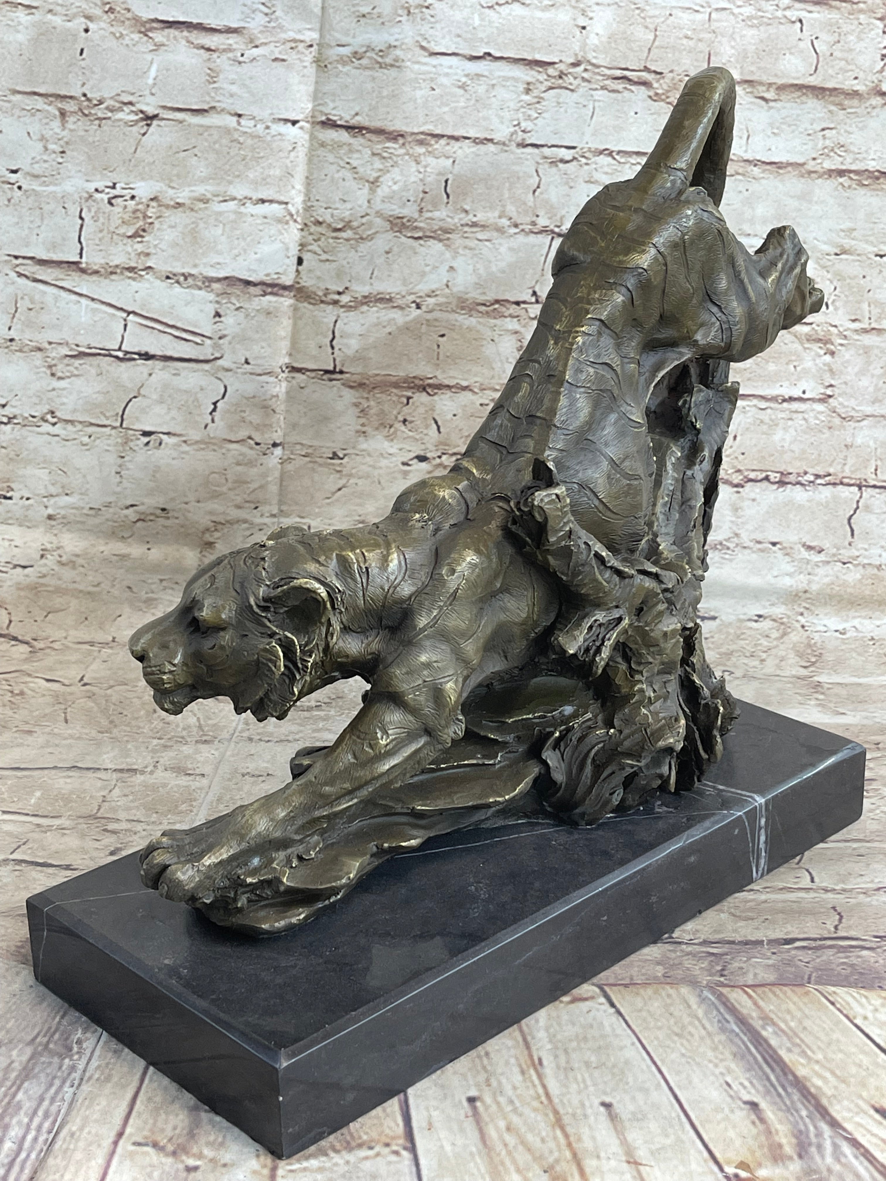 Tiger Bronze Sculpture Statue Figure on Marble Base Signed