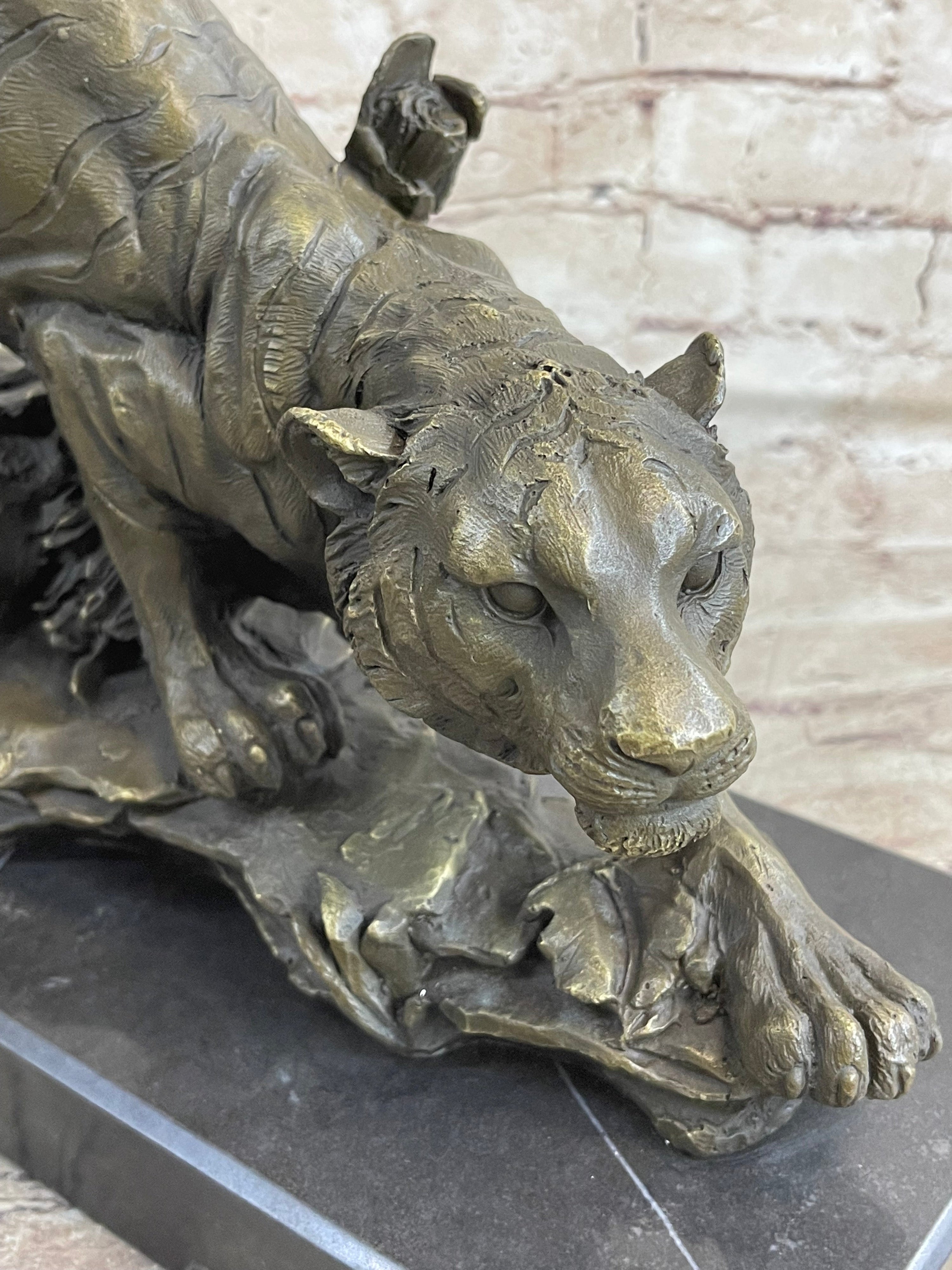 Tiger Bronze Sculpture Statue Figure on Marble Base Signed