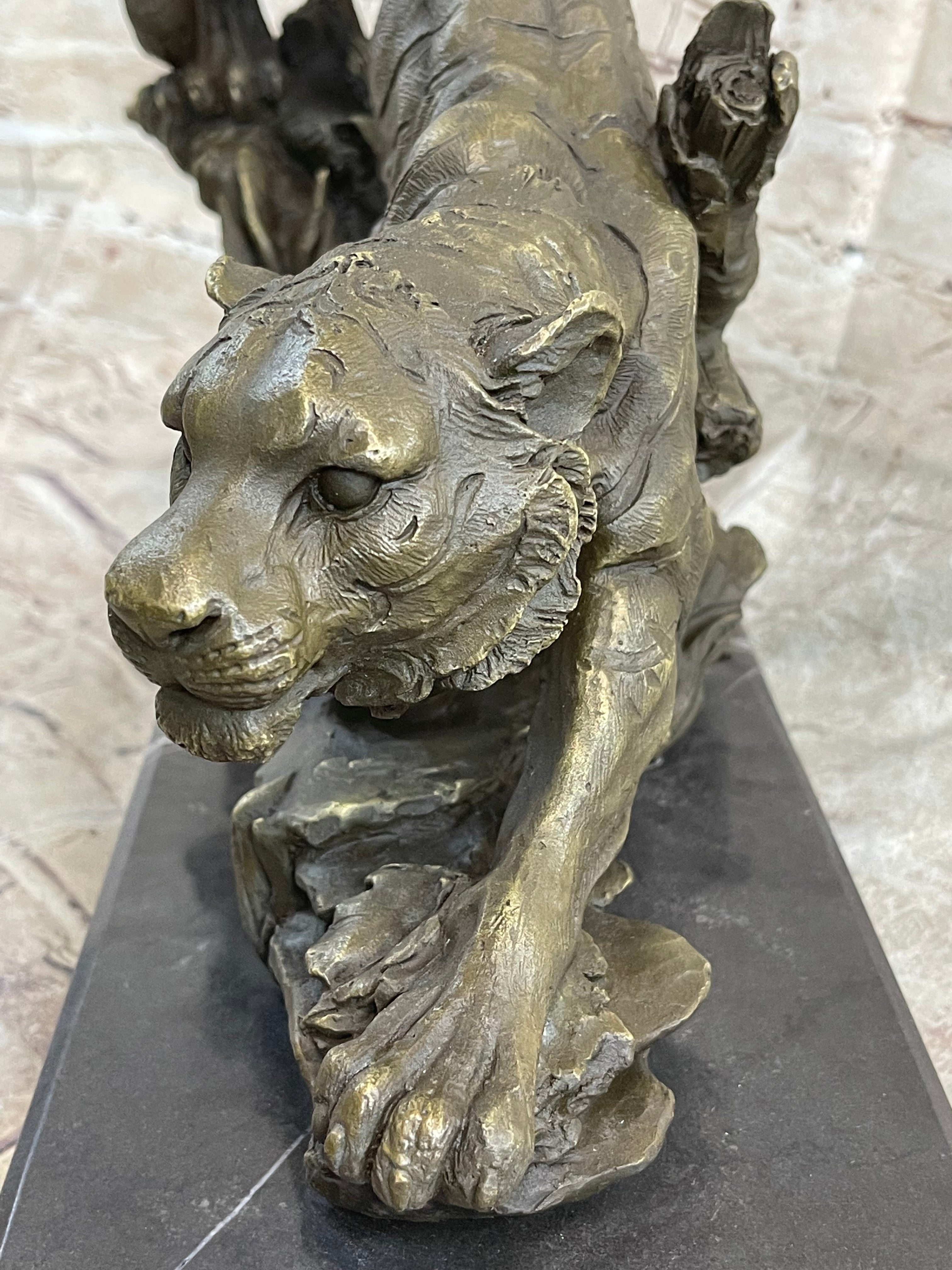 Tiger Bronze Sculpture Statue Figure on Marble Base Signed