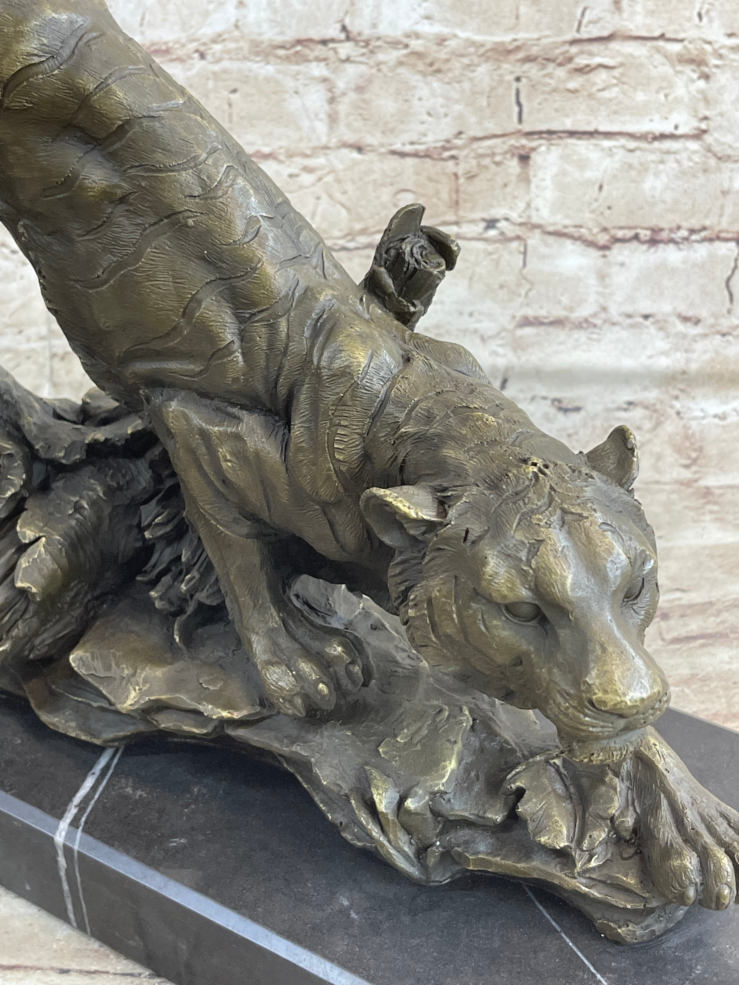 Tiger Bronze Sculpture Statue Figure on Marble Base Signed