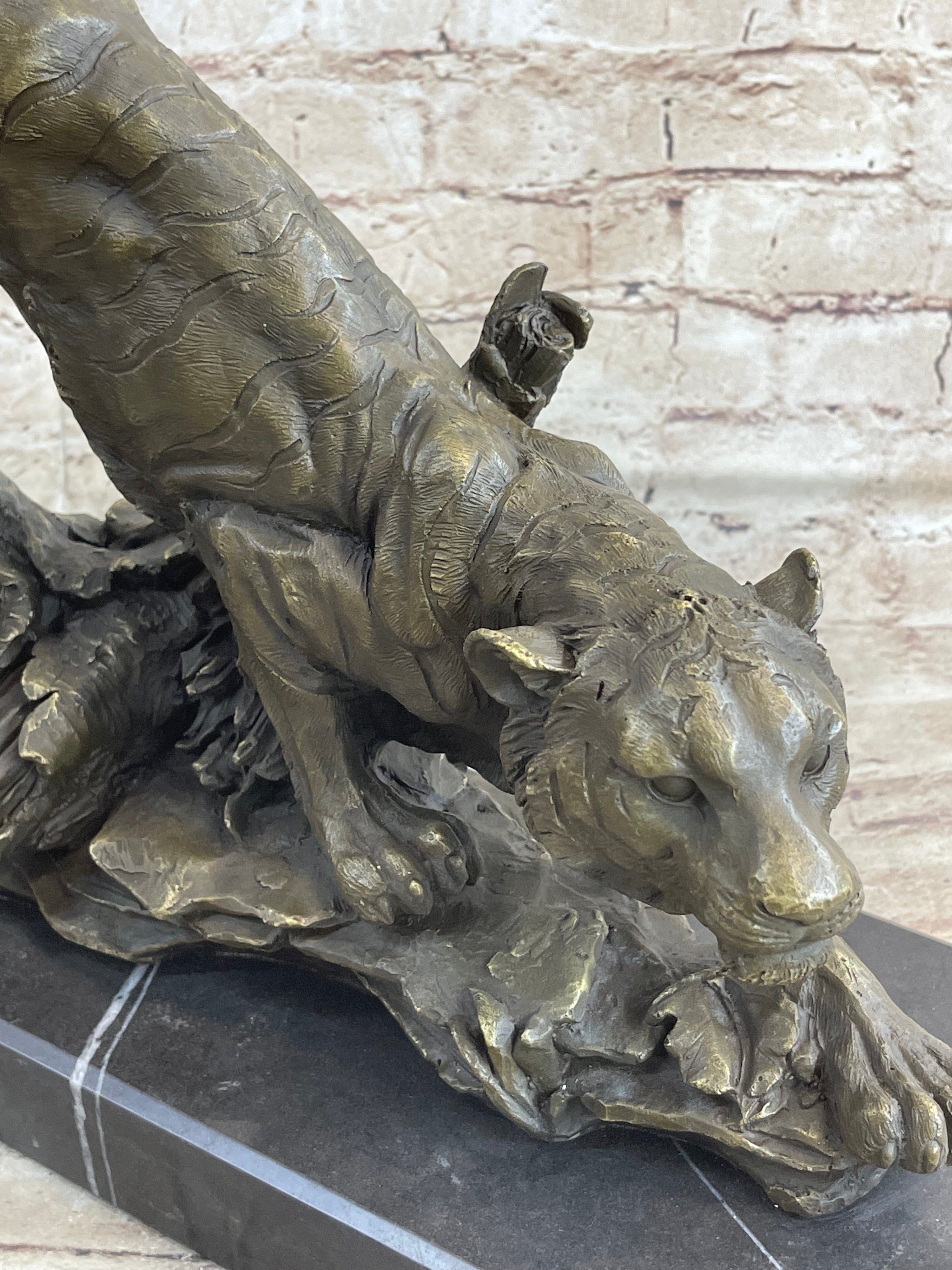 Tiger Bronze Sculpture Statue Figure on Marble Base Signed