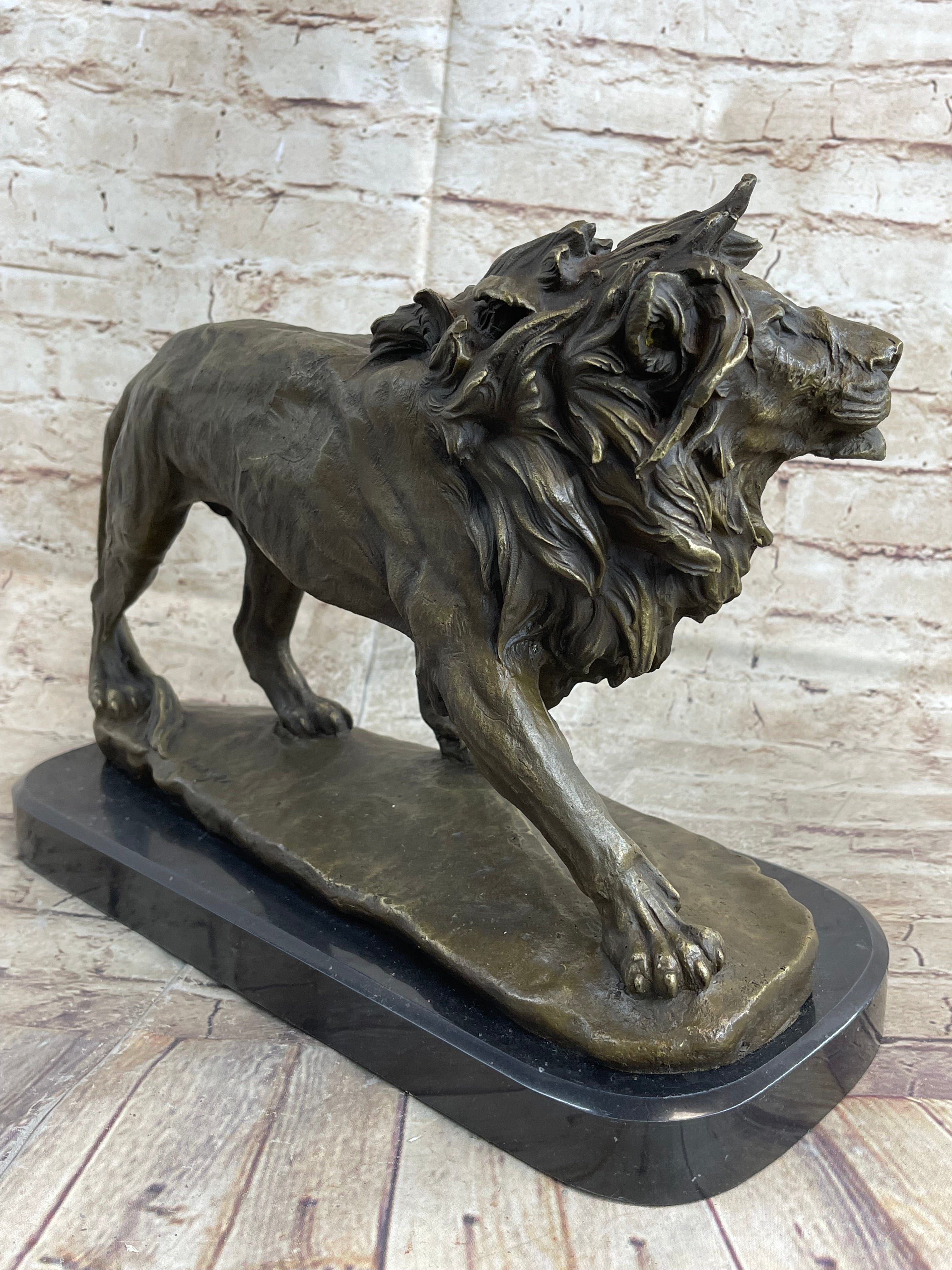 Lion Bronze Sculpture Statue Figure Handmade Art by Antoine Barye on Marble Base