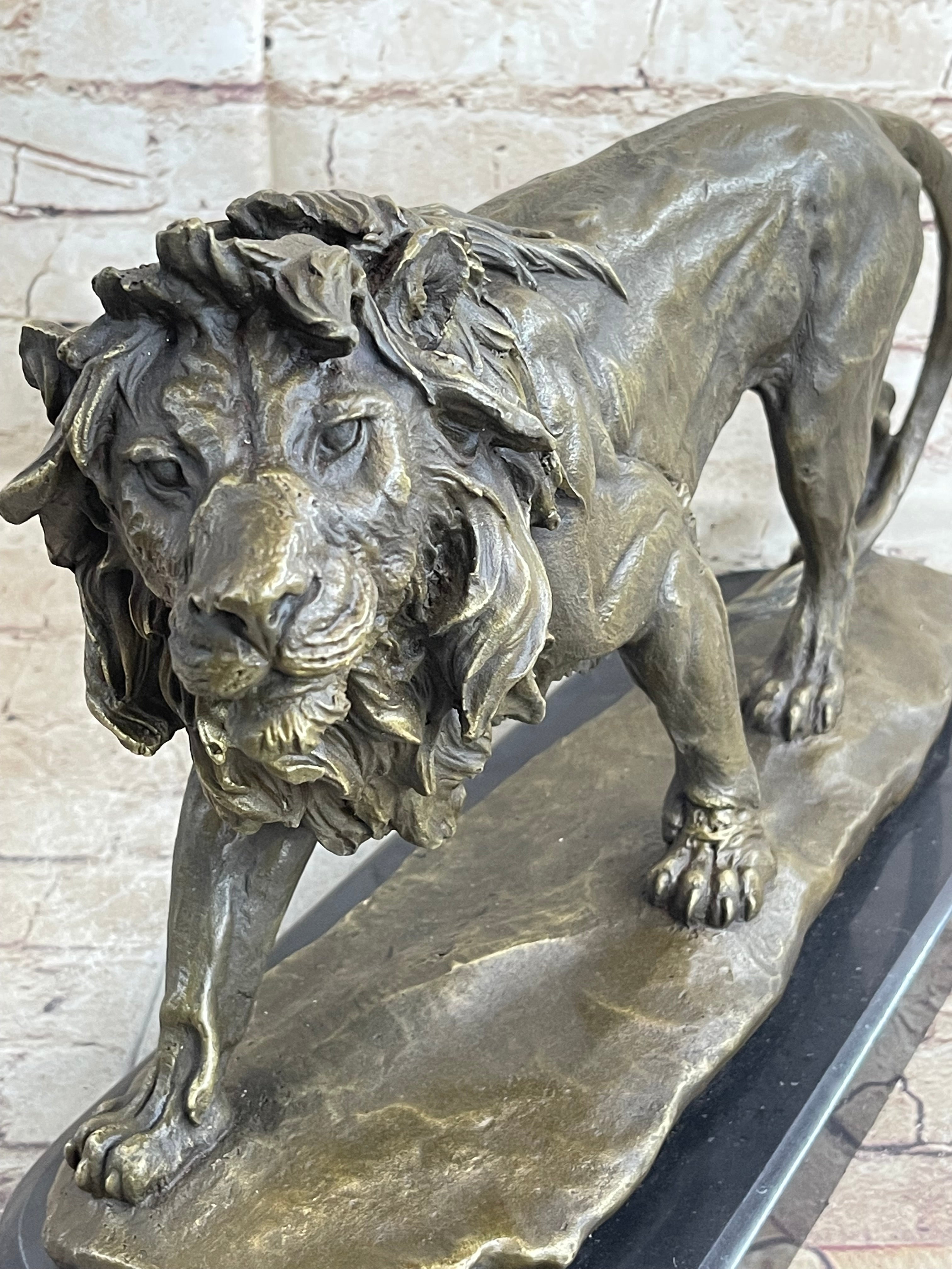 Lion Bronze Sculpture Statue Figure Handmade Art by Antoine Barye on Marble Base