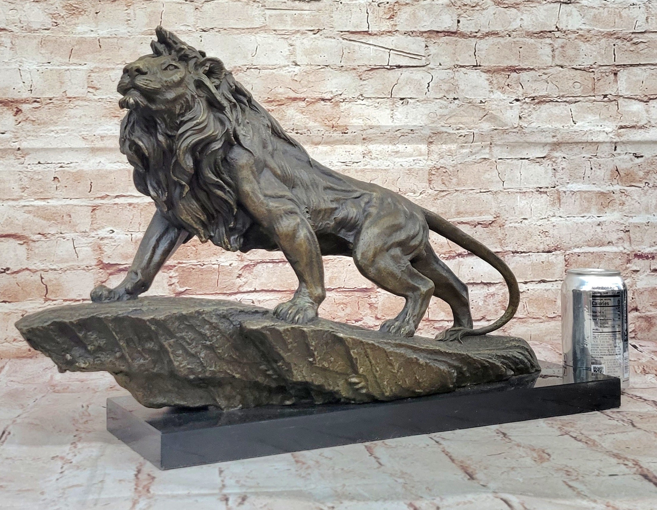 Standing Lion Bronze Sculpture; Detailed Wildlife Artwork on Marble Base